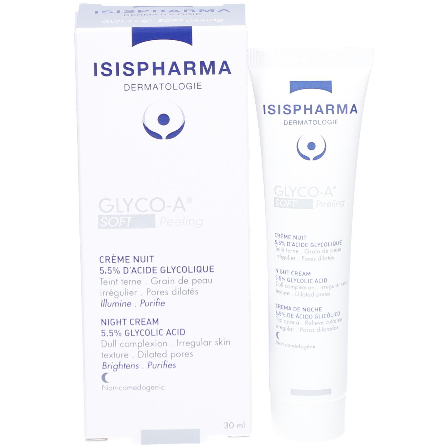 Emballage produit : tube et boîte. Boîte avec logo ISISPHARMA et GLYCO-A Soft Peeling. Crème Nuit, 5.5% Acide Glycolique.