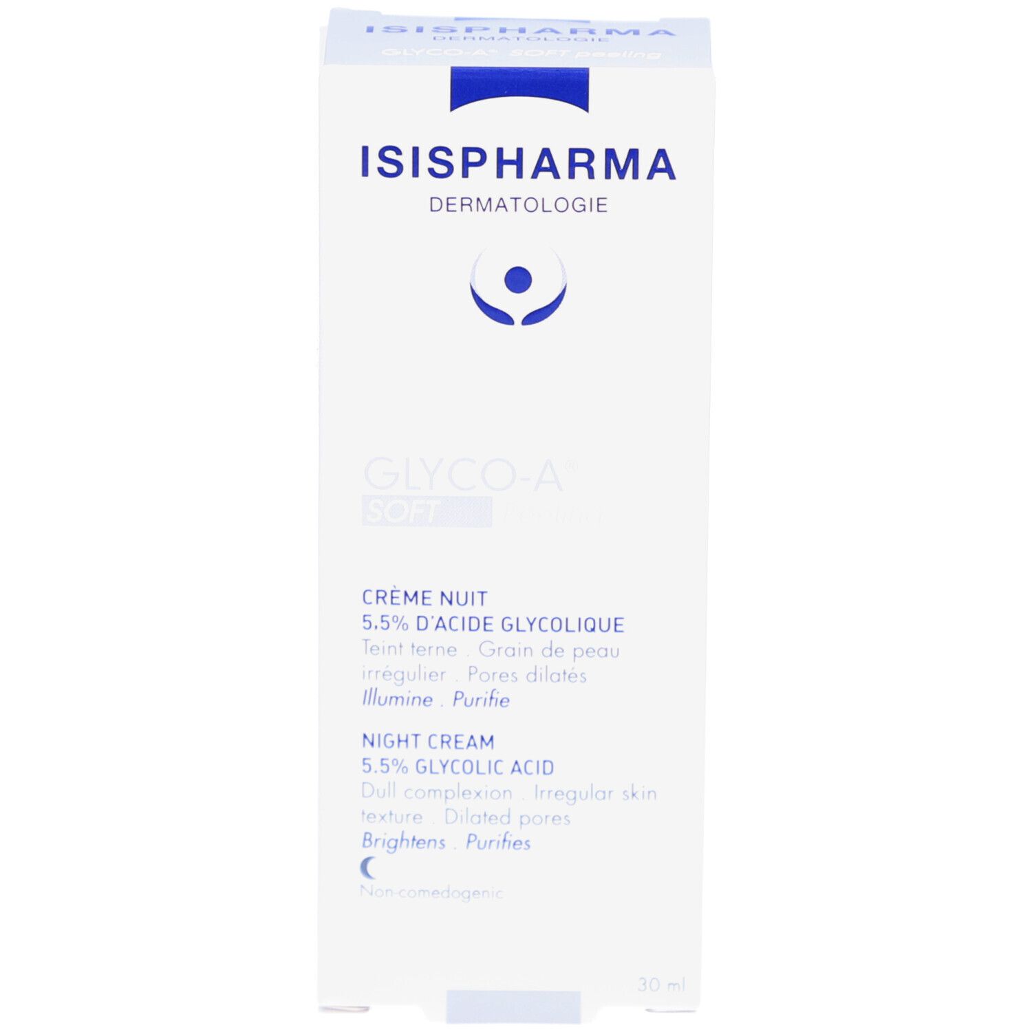 Emballage produit : boîte. Logo ISISPHARMA et GLYCO-A Soft Peeling. Crème Nuit, 5.5% Acide Glycolique. Ingrédients.