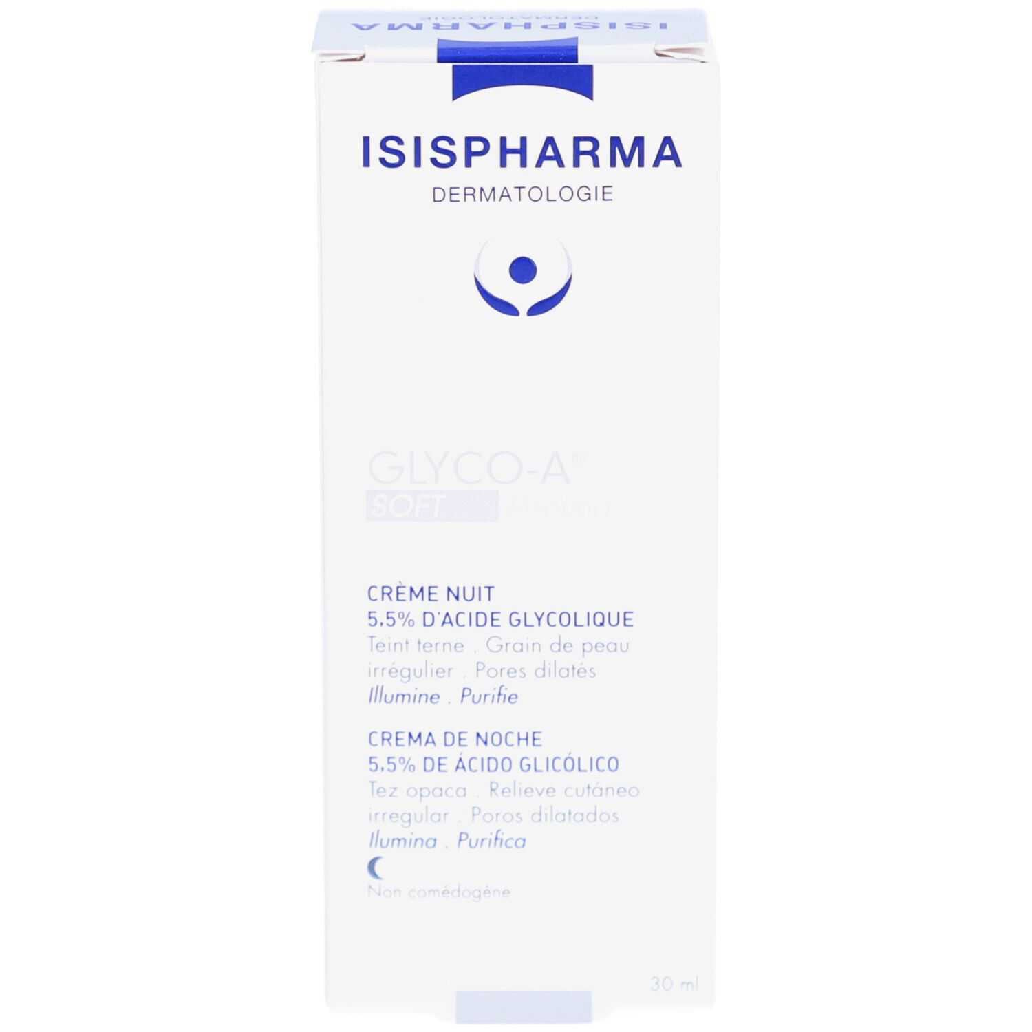 Emballage produit : boîte. Logo ISISPHARMA et GLYCO-A Soft Peeling. Crème Nuit, 5.5% Acide Glycolique. Ingrédients.