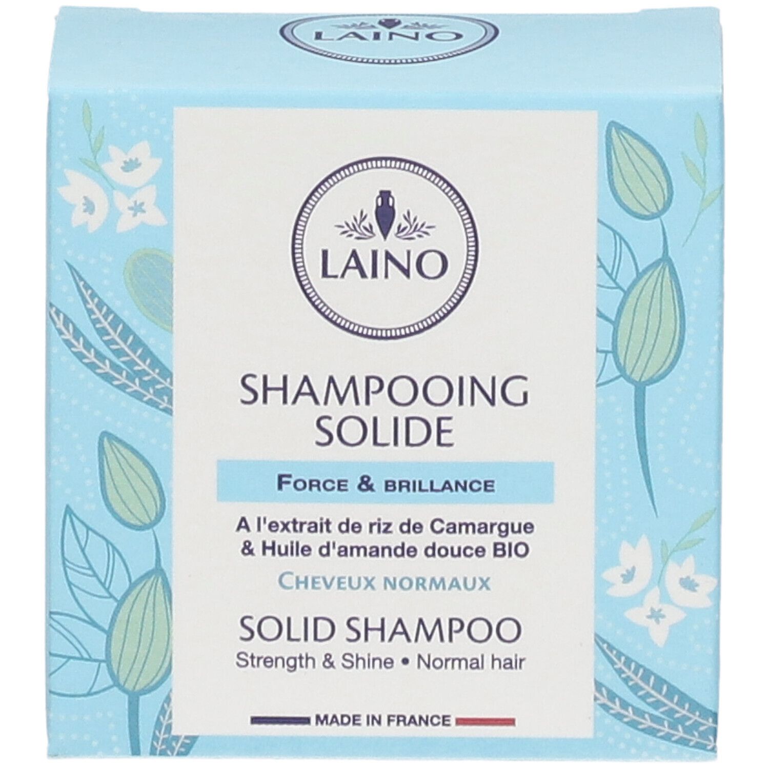 Boîte bleu clair avec logo LAINO et « Shampooing Solide ». Contient des informations sur les ingrédients et les certifications.