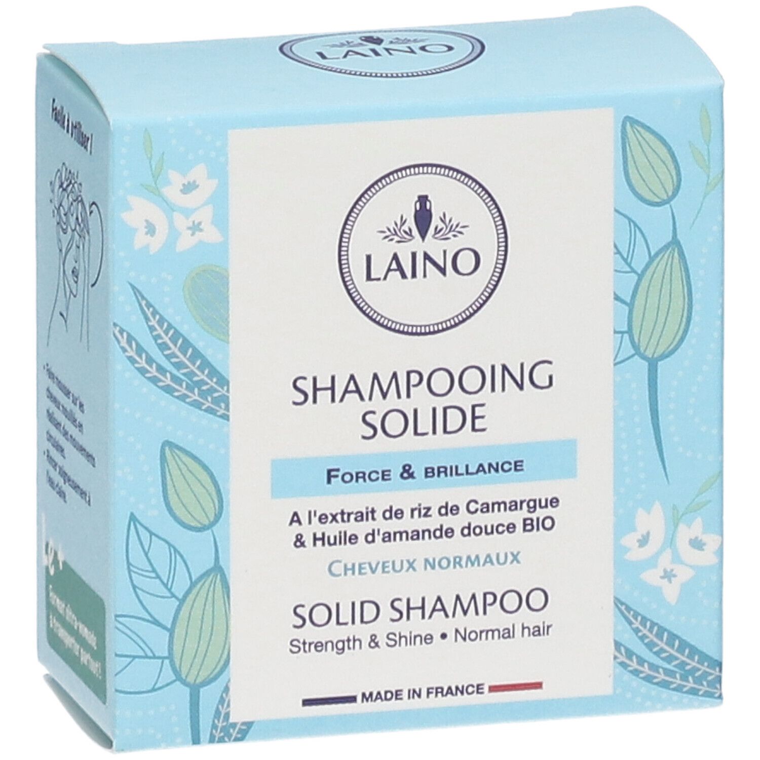 Boîte bleu clair avec logo LAINO et « Shampooing Solide ». Contient des informations sur les ingrédients et les certifications.