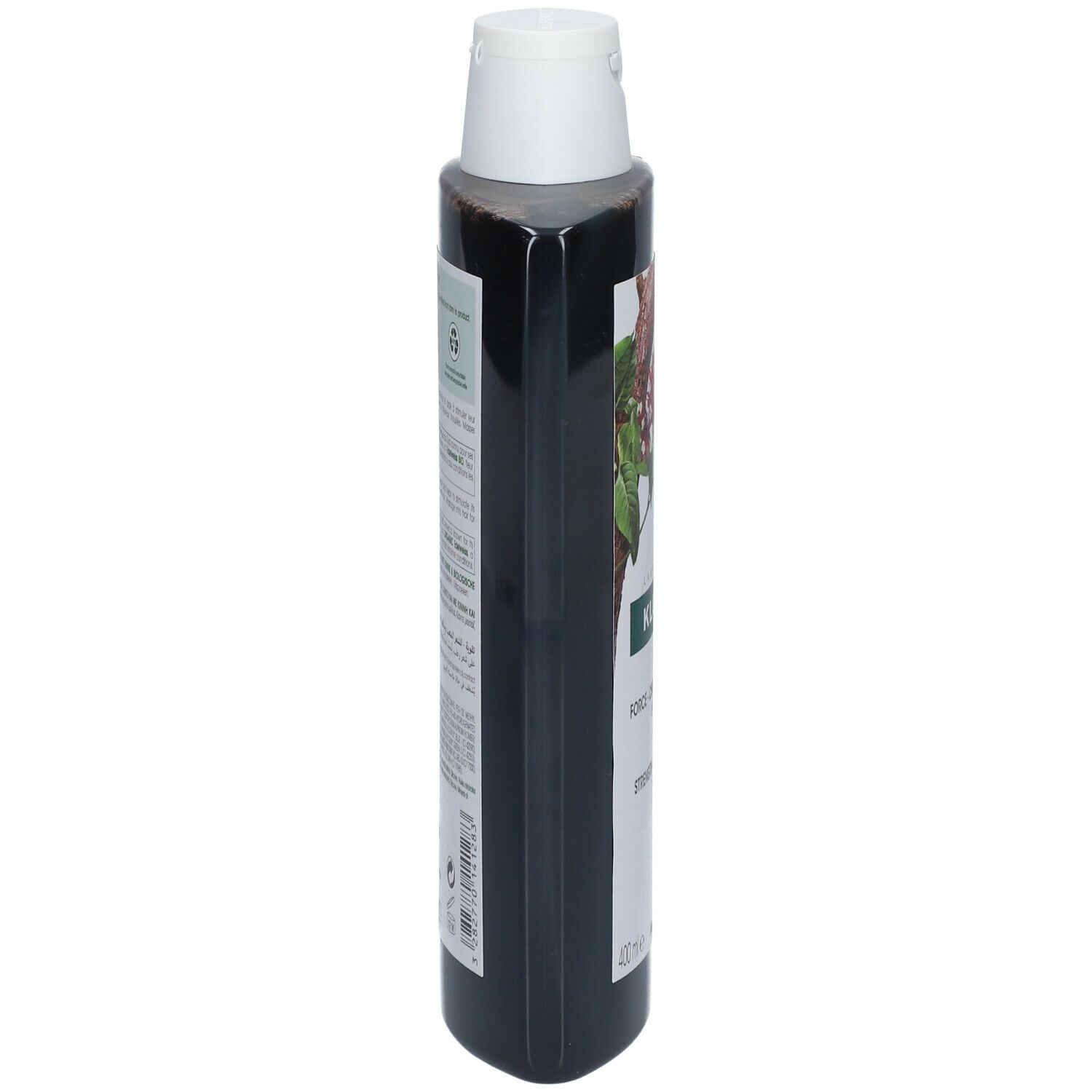 Bruine fles met witte dop. Zijaanzicht met etiket en tekst.