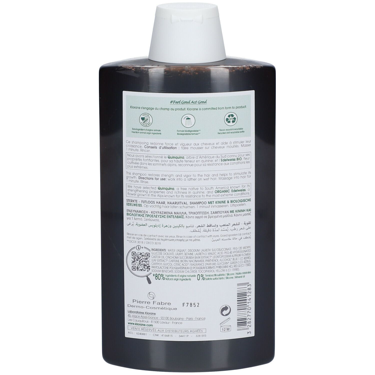 Achterkant van bruine fles met witte dop. Tekstinformatie, QR-code en certificeringen.