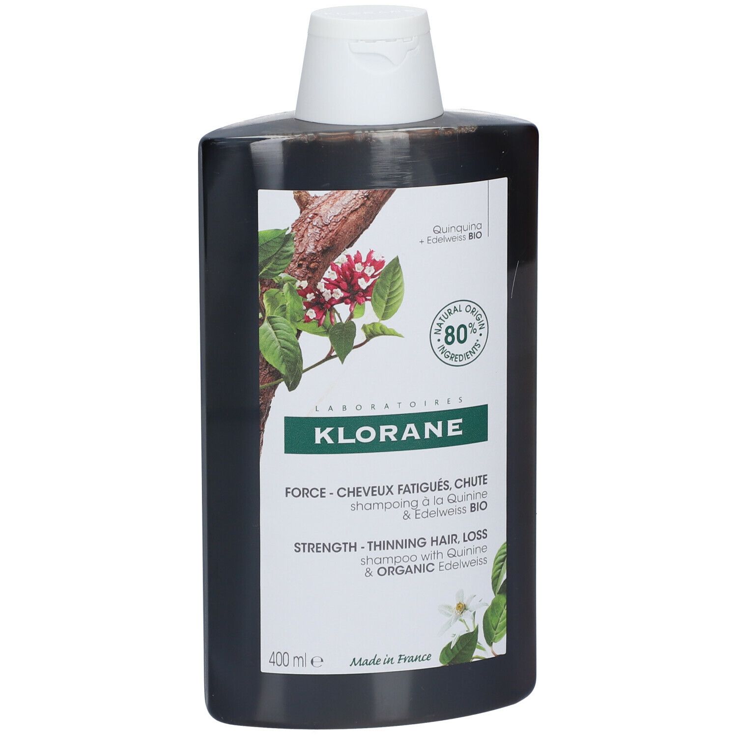 Bruine fles met witte dop. Etiket met logo, productnaam en ingrediënten. 400ml.