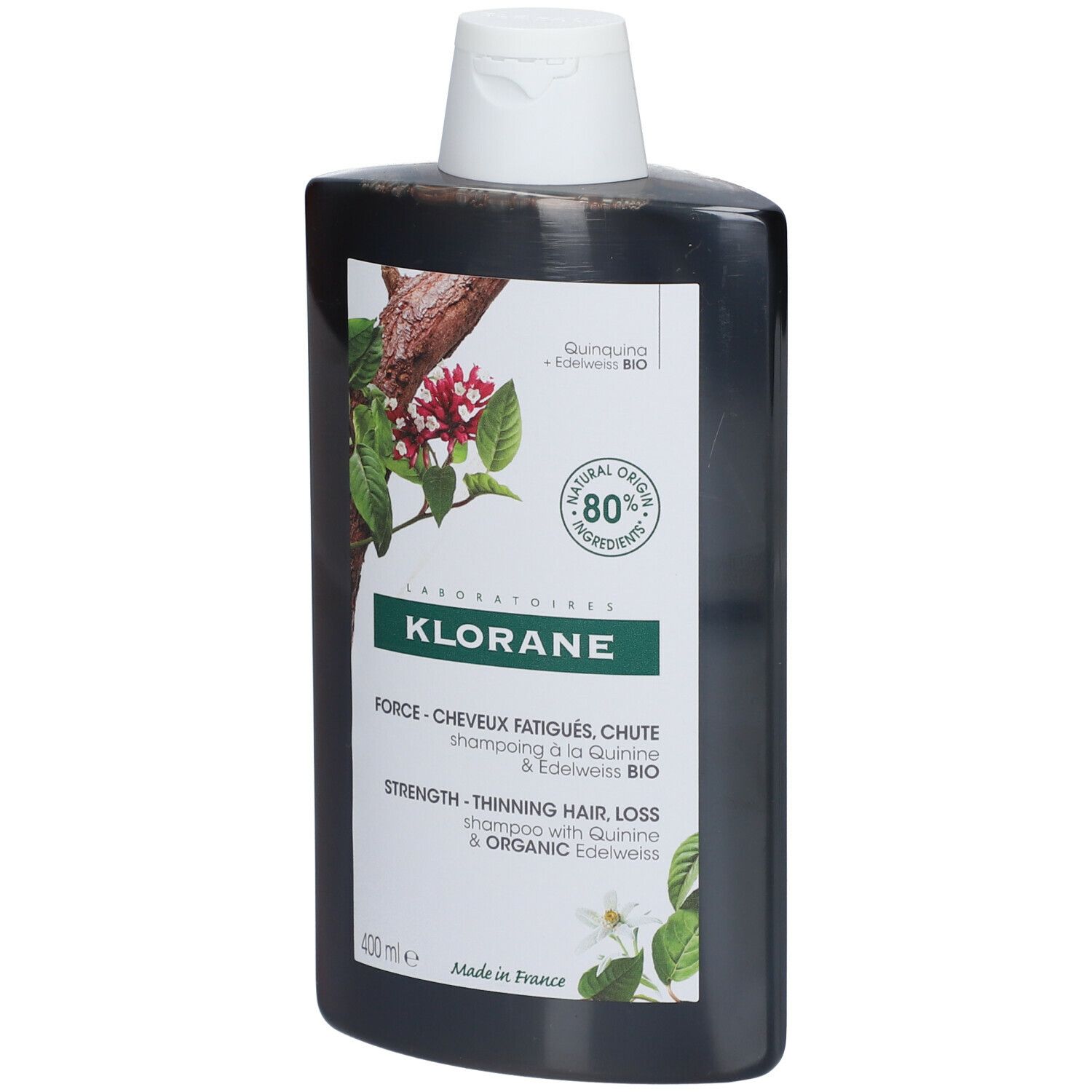 Bruine fles met witte dop. Etiket met logo, productnaam en ingrediënten. 400ml.