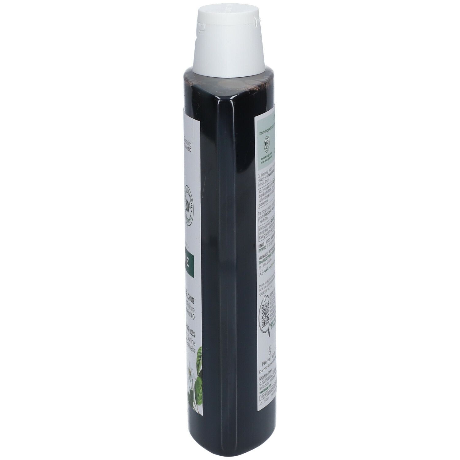 Bruine fles met witte dop. Zijaanzicht met etiket en tekst.