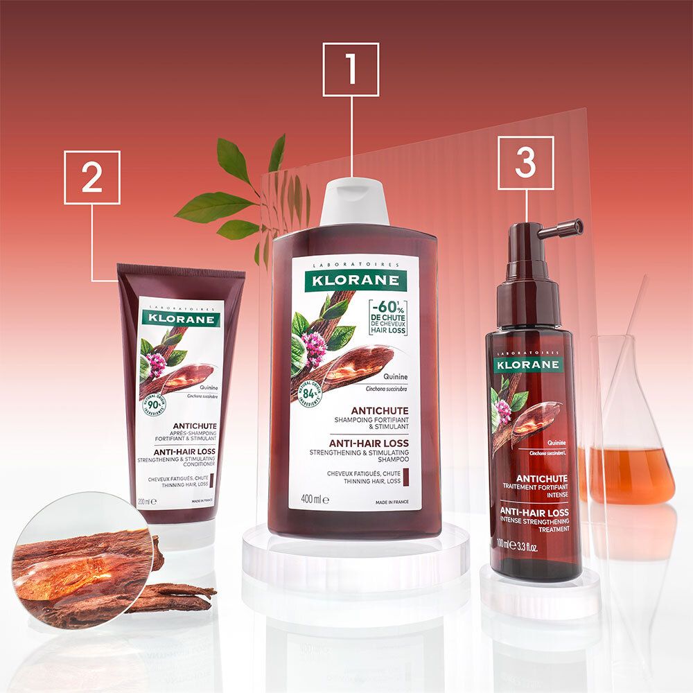 Drie producten: shampoo, conditioner, behandeling. Stukjes hout. Tekst: KLORANE, Antichute, Anti-haaruitval.
