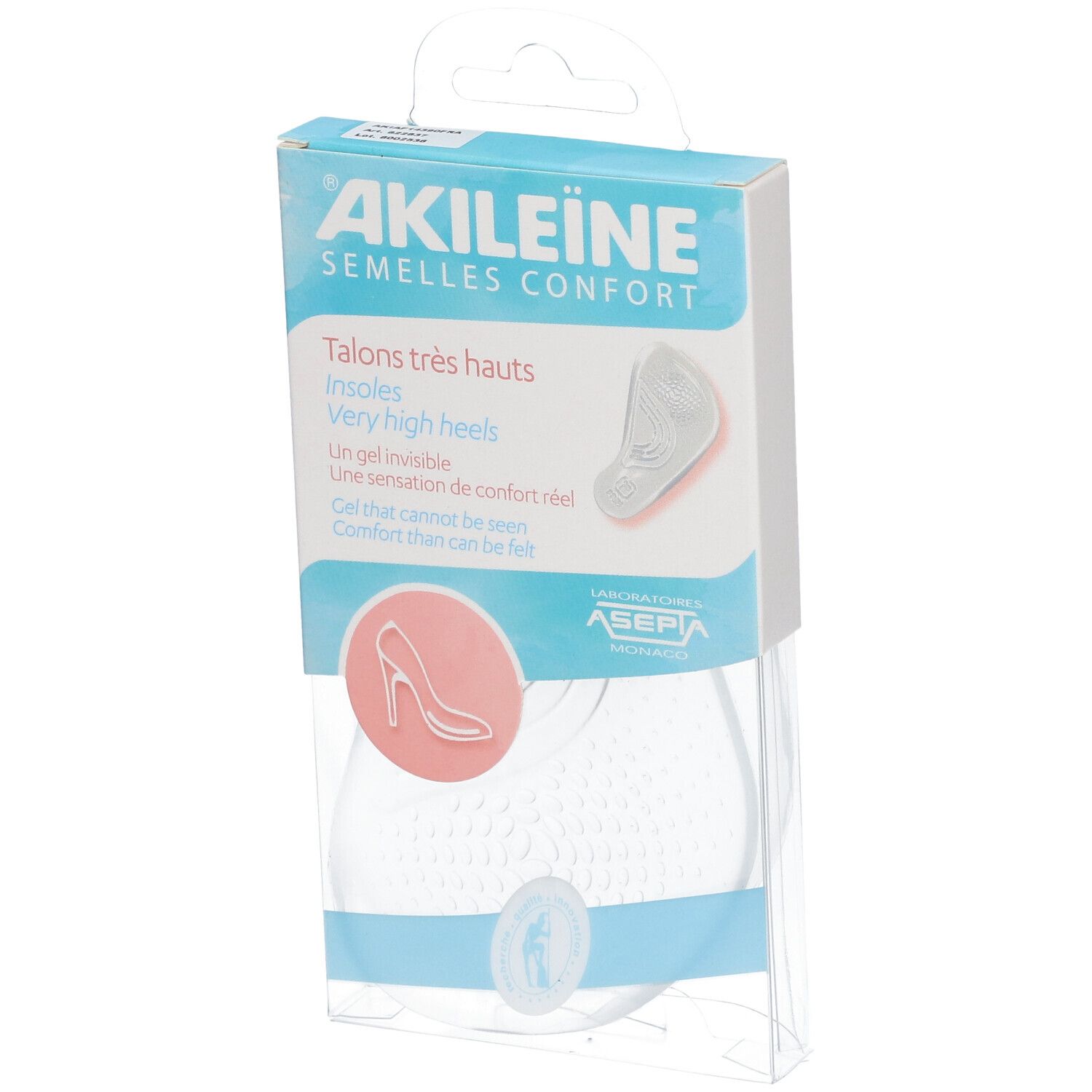 Verpakking AKILEINE inlegzolen voor hoge hakken. Transparante plastic verpakking. Zolen zichtbaar. Tekst: Talons très hauts, Insohlen.
