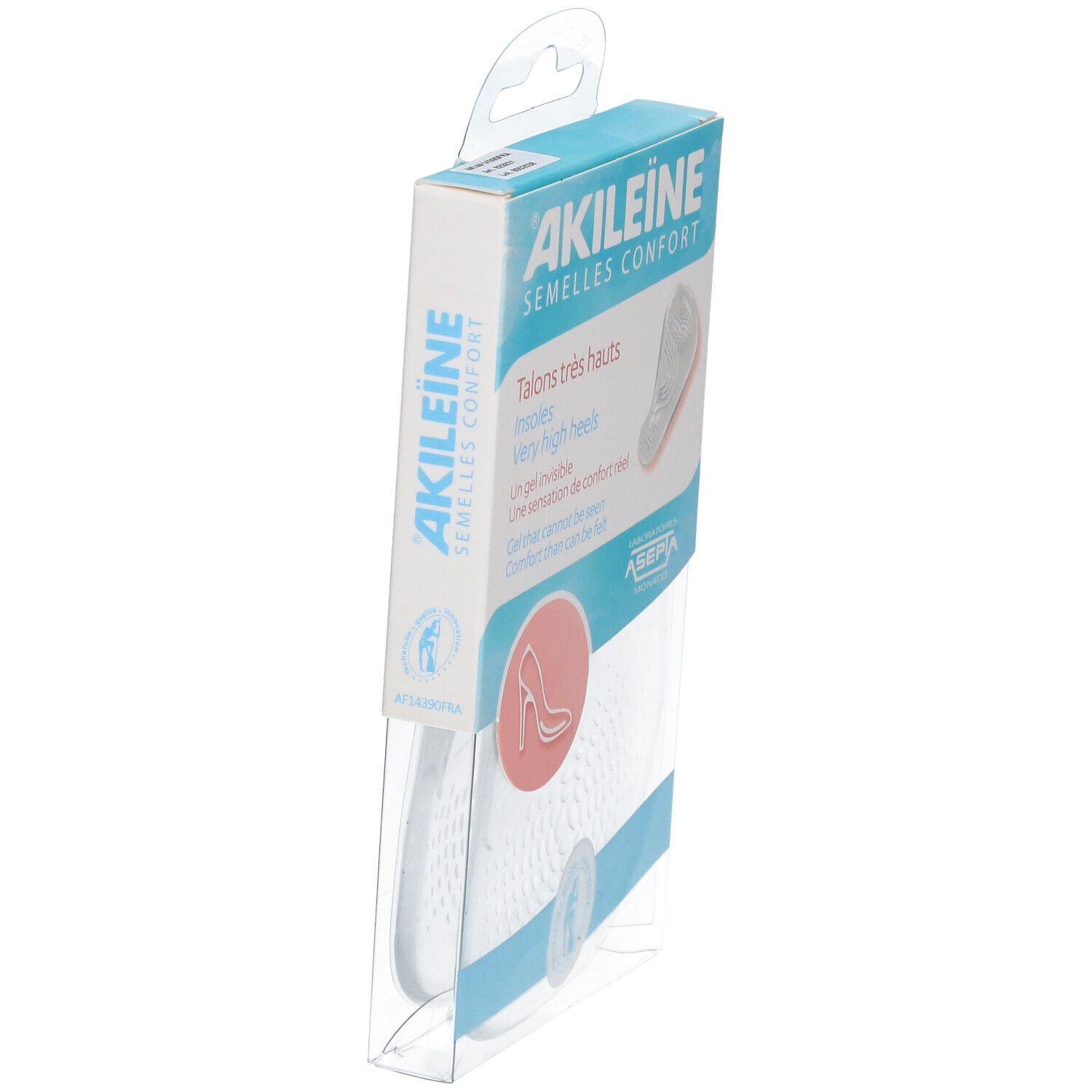 Zijaanzicht van de AKILEINE inlegzolen verpakking. Transparante plastic verpakking. Product gedeeltelijk zichtbaar. Tekst: AKILEINE, Talons très hauts.