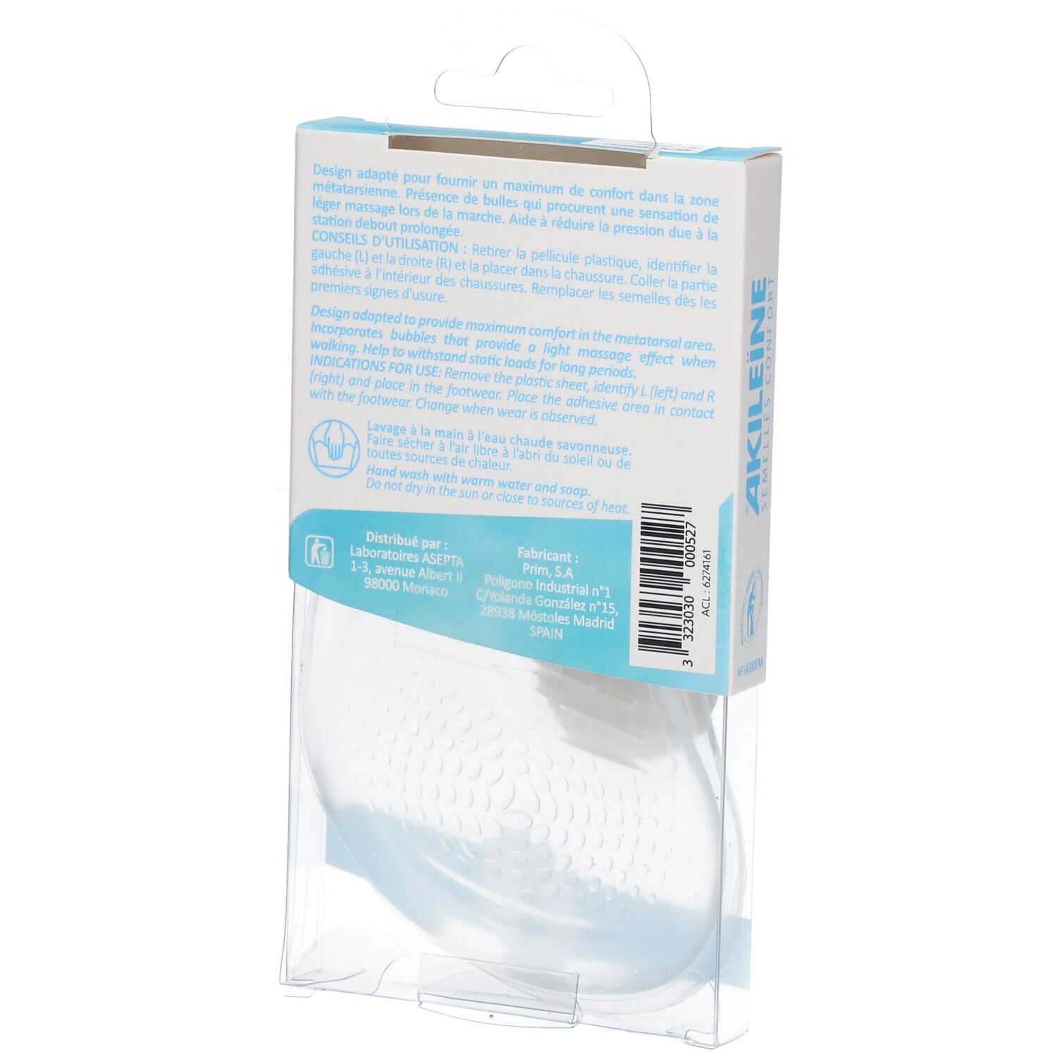 Achterkant van de AKILEINE inlegzolen verpakking. Transparante plastic verpakking. Product gedeeltelijk zichtbaar. Tekst: AKILEINE, gebruiksaanwijzing.