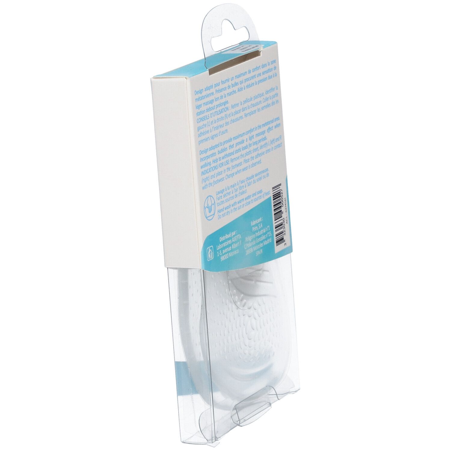 Schuine weergave van de AKILEINE inlegzolen verpakking. Transparante plastic verpakking. Product gedeeltelijk zichtbaar. Tekst: AKILEINE, gebruiksaanwijzing.
