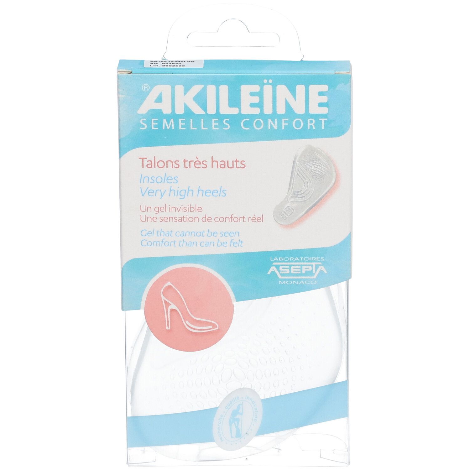 AKILEINE verpakking. Transparante plastic verpakking. Product zichtbaar. Tekst: AKILEINE, Talons très hauts, Insohlen, Very high heels.