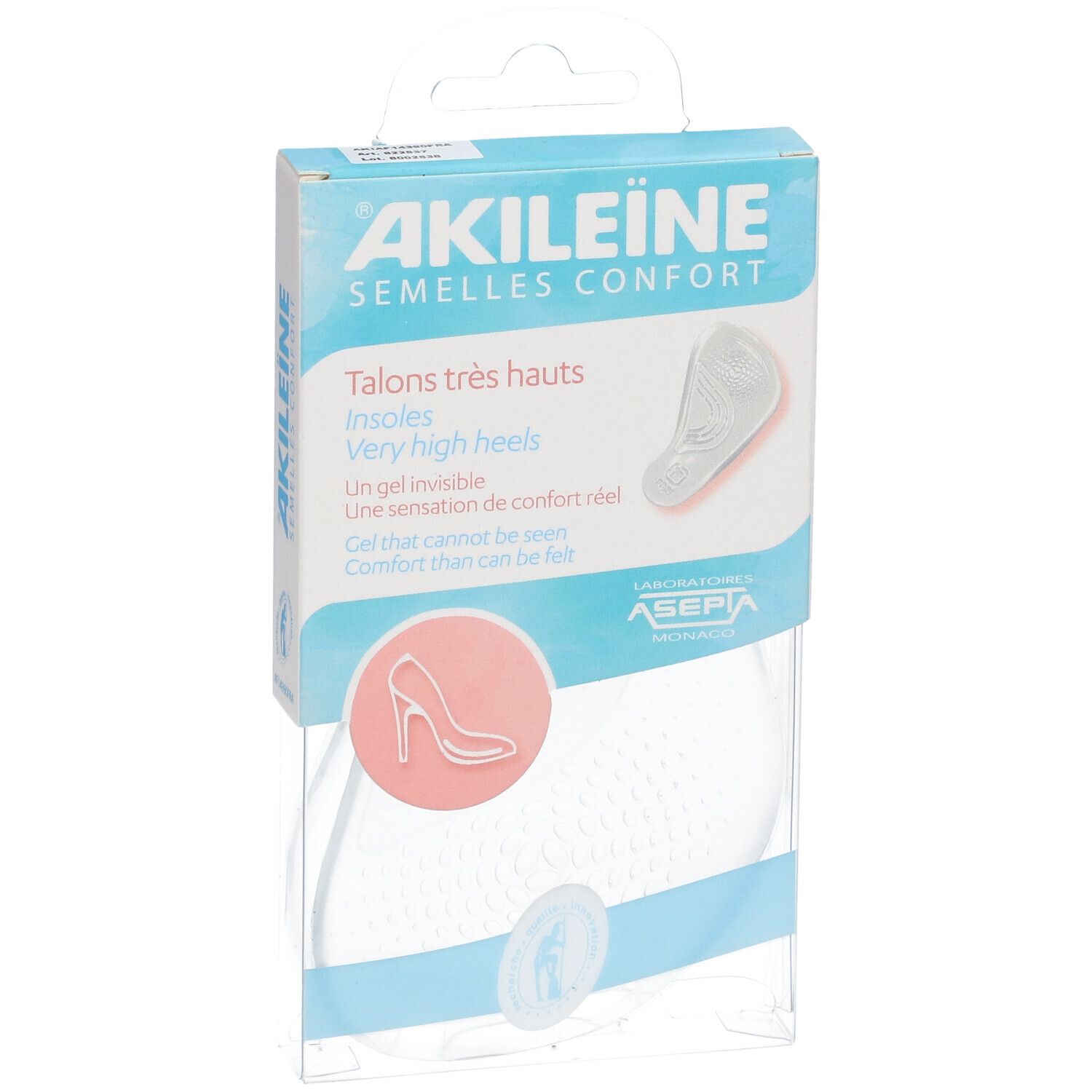 AKILEINE verpakking. Transparante plastic verpakking. Product zichtbaar. Tekst: AKILEINE, Talons très hauts, Insohlen, Very high heels.