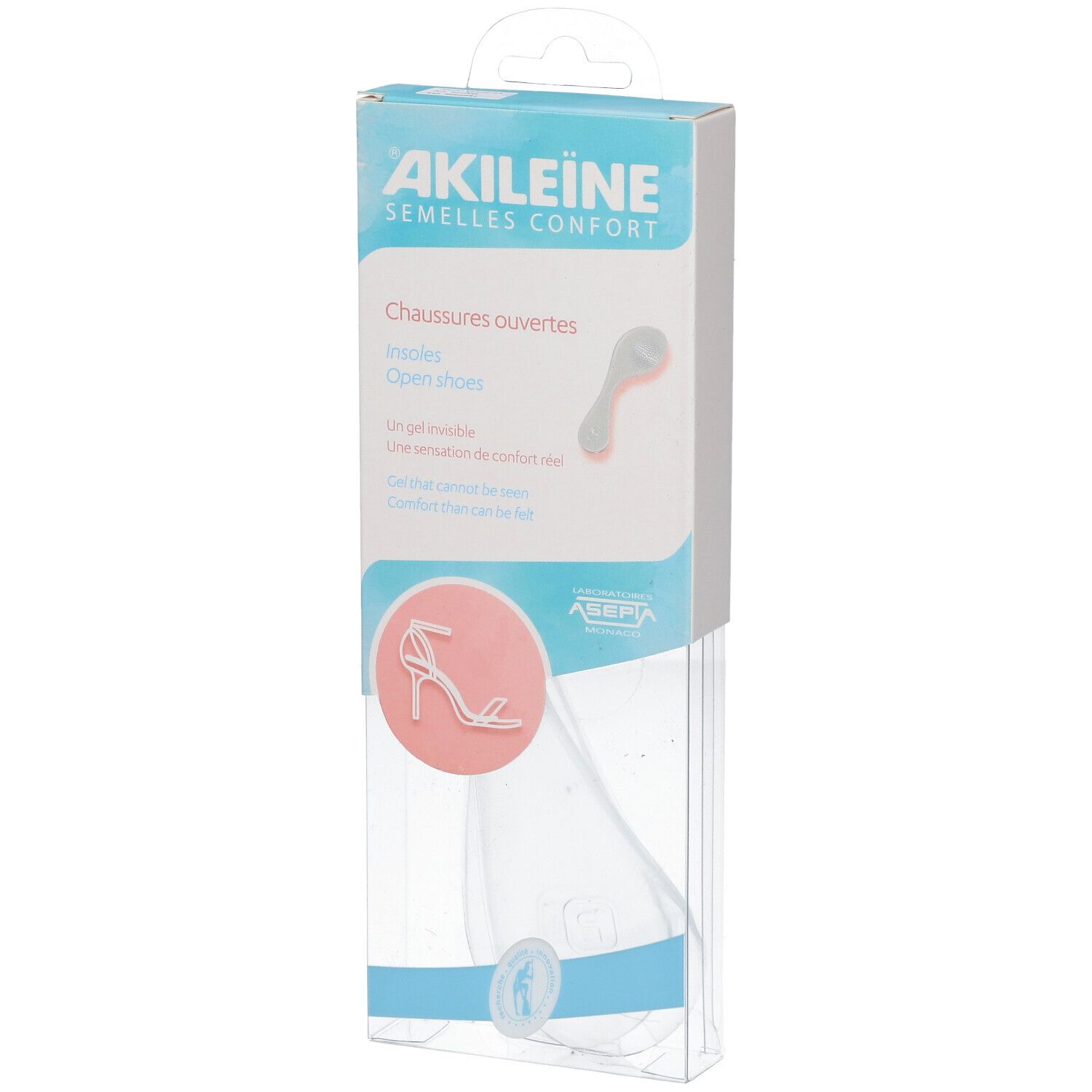 Emballage AKILEINE pour chaussures ouvertes. Visible : image produit, nom de marque, désignation du produit.