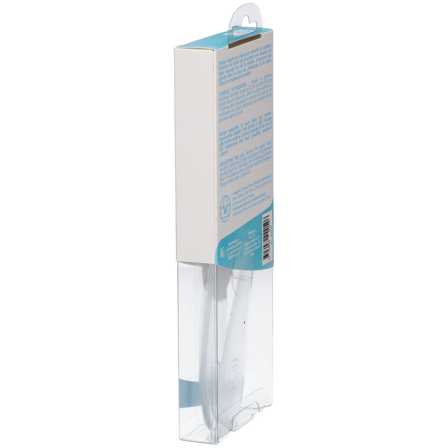 Vue latérale de l'emballage AKILEINE pour chaussures ouvertes. Informations textuelles, emballage transparent.