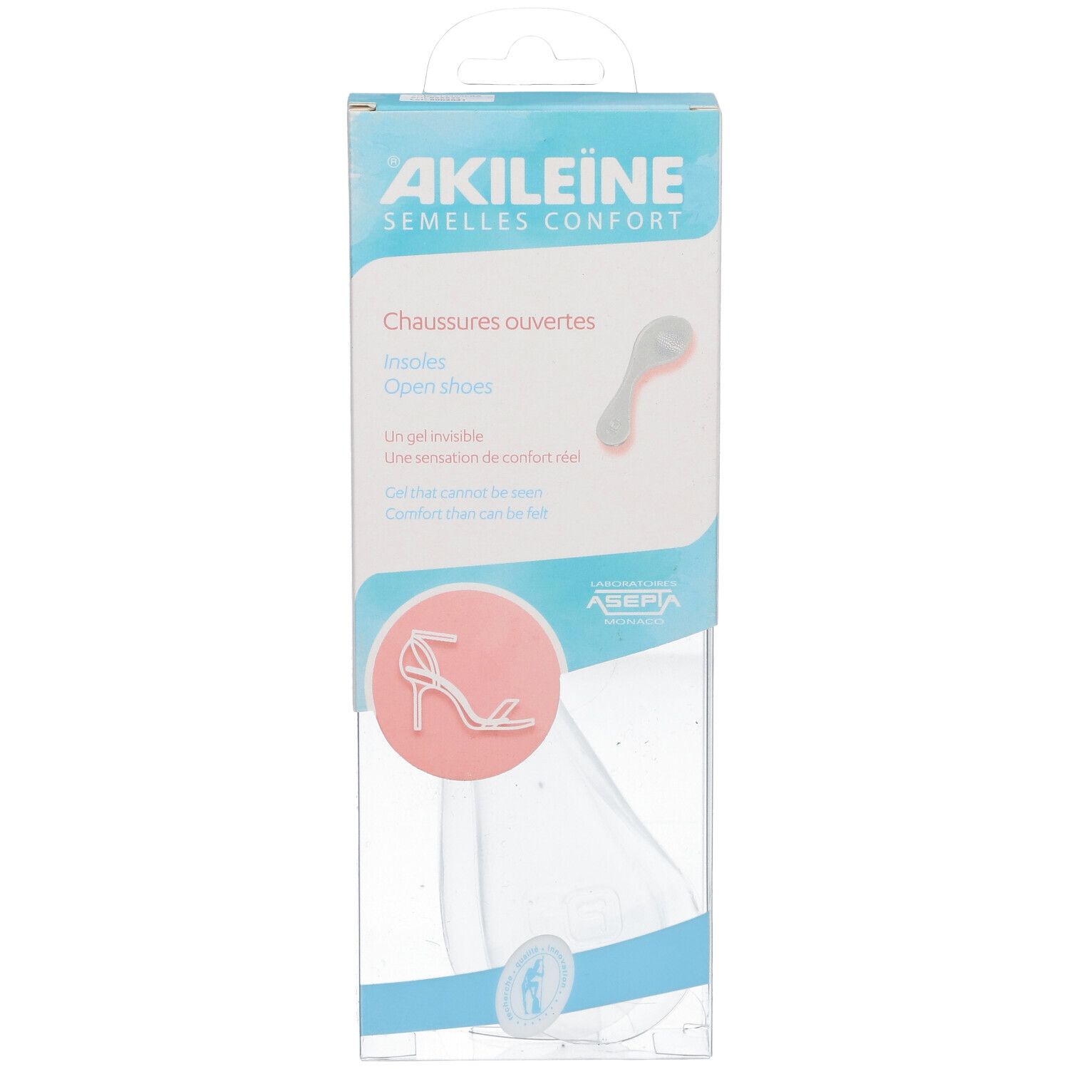 Emballage AKILEINE pour chaussures ouvertes. Visible : image produit, nom de marque, désignation du produit.
