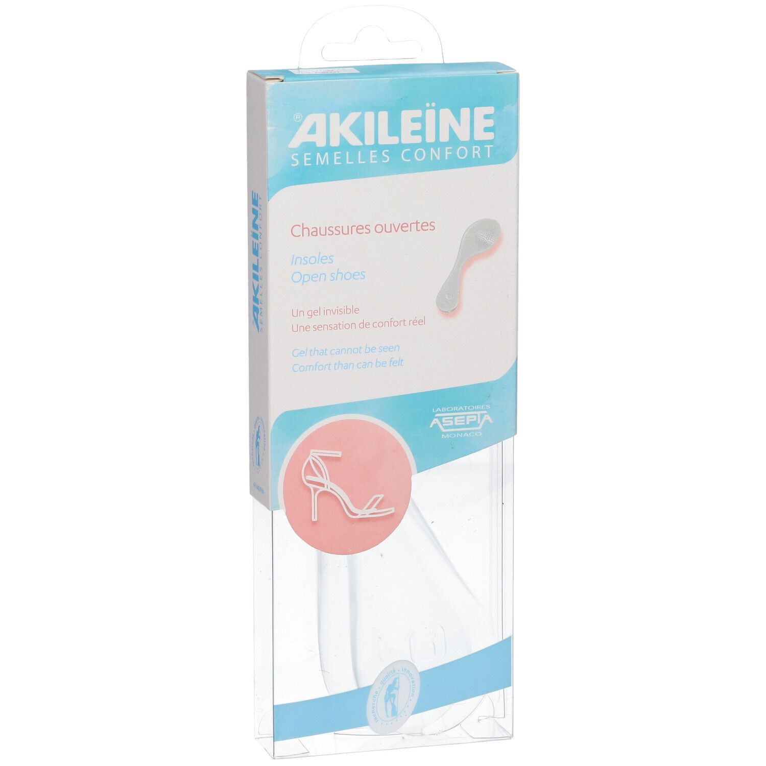 Emballage AKILEINE pour chaussures ouvertes. Visible : image produit, nom de marque, désignation du produit.