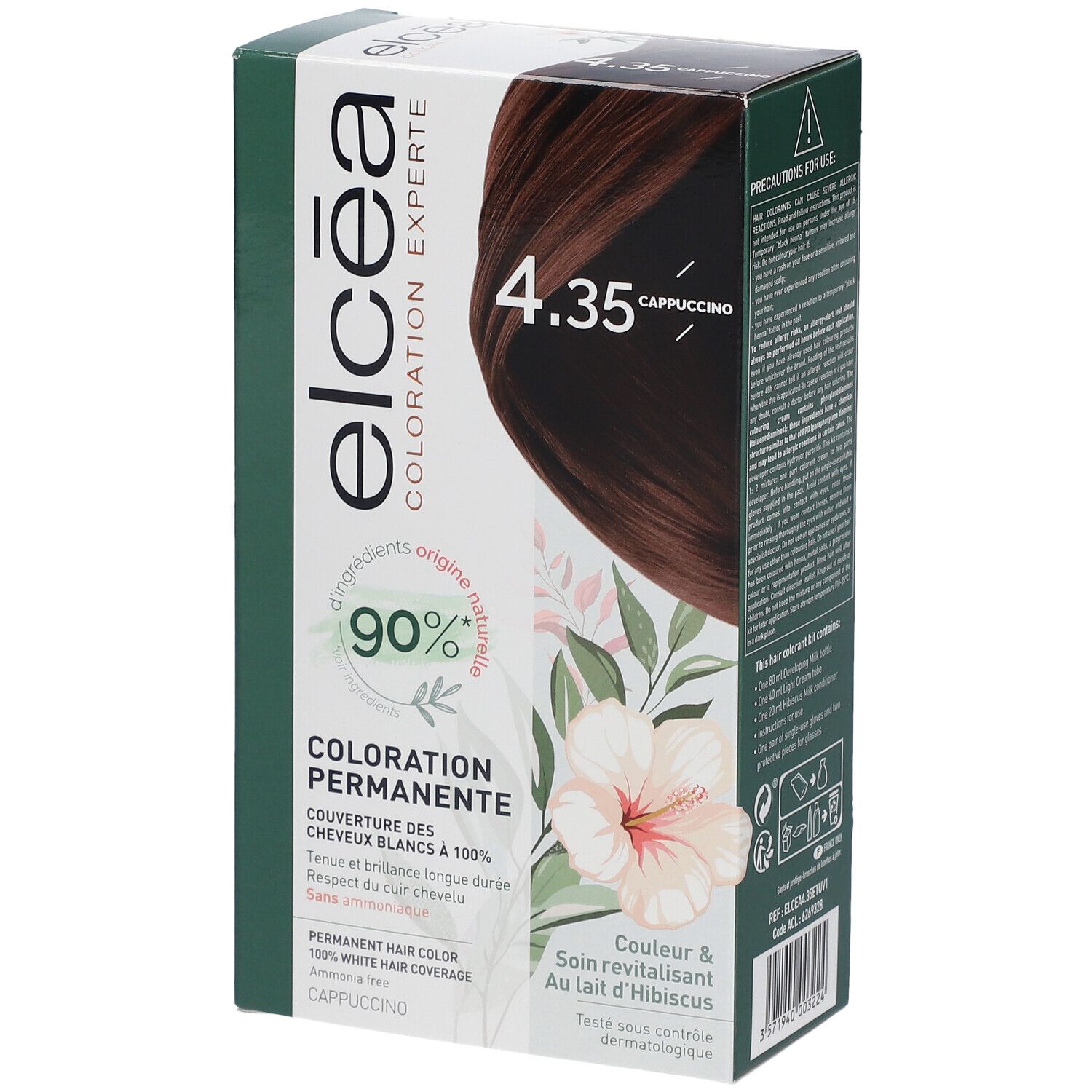 Boîte de coloration capillaire Elcéa 4.35 Capuccino. 90% d'ingrédients d'origine naturelle. Couvre 100% des cheveux blancs.