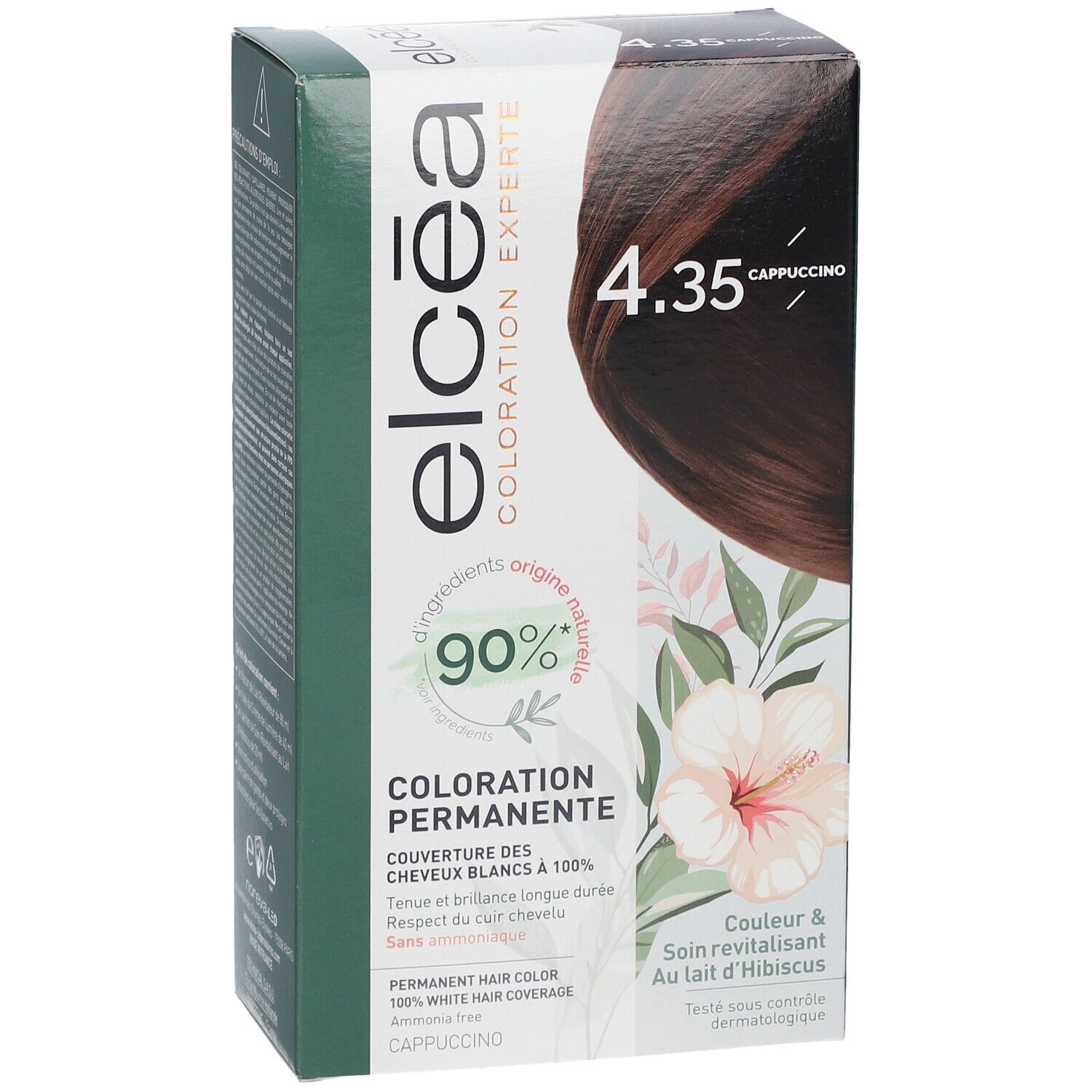 Boîte de coloration capillaire Elcéa 4.35 Capuccino. 90% d'ingrédients naturels. Couvre 100% des cheveux blancs.