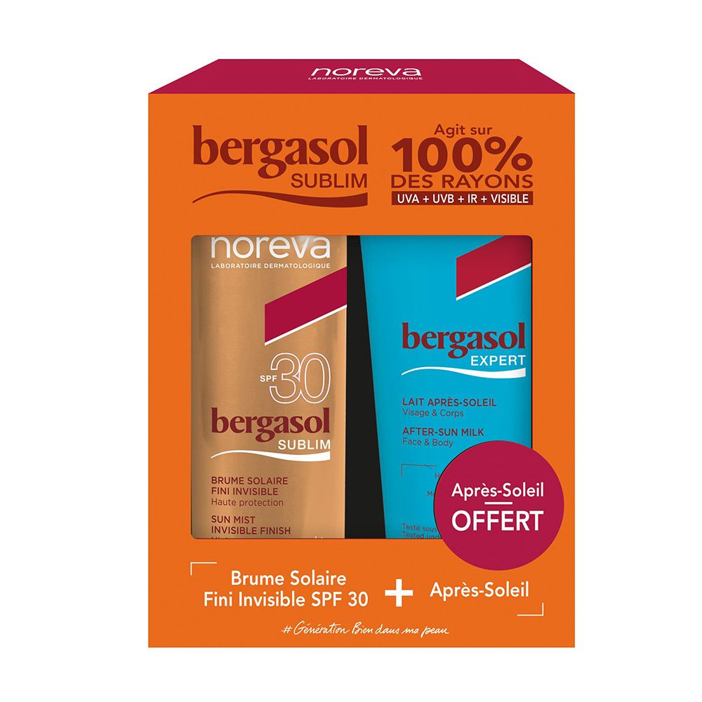 Cadeauset met Brume Solaire en Après-Soleil. Producten van Noreva en Bergsol. Oranje verpakking.