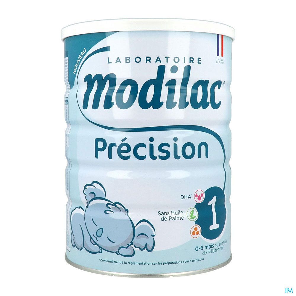 Modilac Précision 1 melkpoederblik. Lichtblauw, witte deksel. Opschrift: Modilac, Précision, 1, 0-6 maanden. Met baby-illustratie.