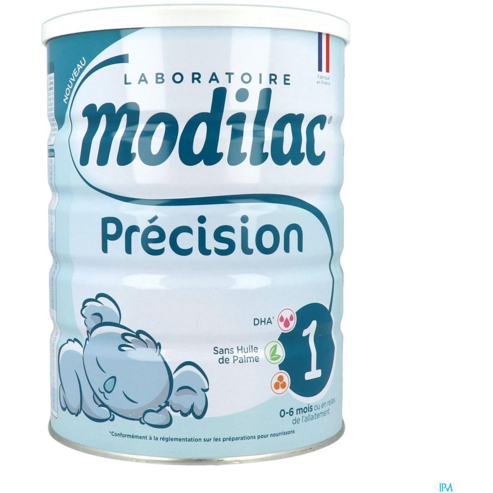 Modilac Précision 1 melkpoederblik. Lichtblauw, witte deksel. Opschrift: Modilac, Précision, 1, 0-6 maanden. Met baby-illustratie.