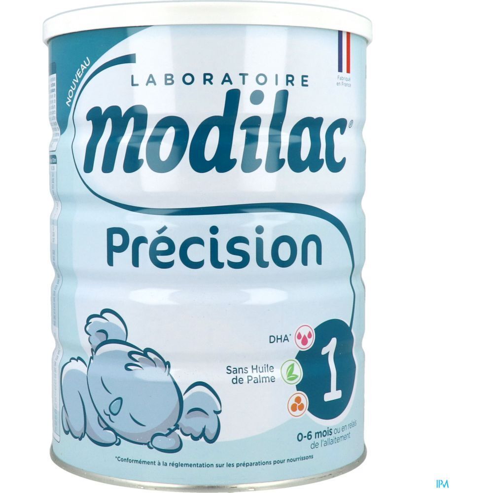 Modilac Précision 1 melkpoederblik. Lichtblauw, witte deksel. Opschrift: Modilac, Précision, 1, 0-6 maanden. Met baby-illustratie.