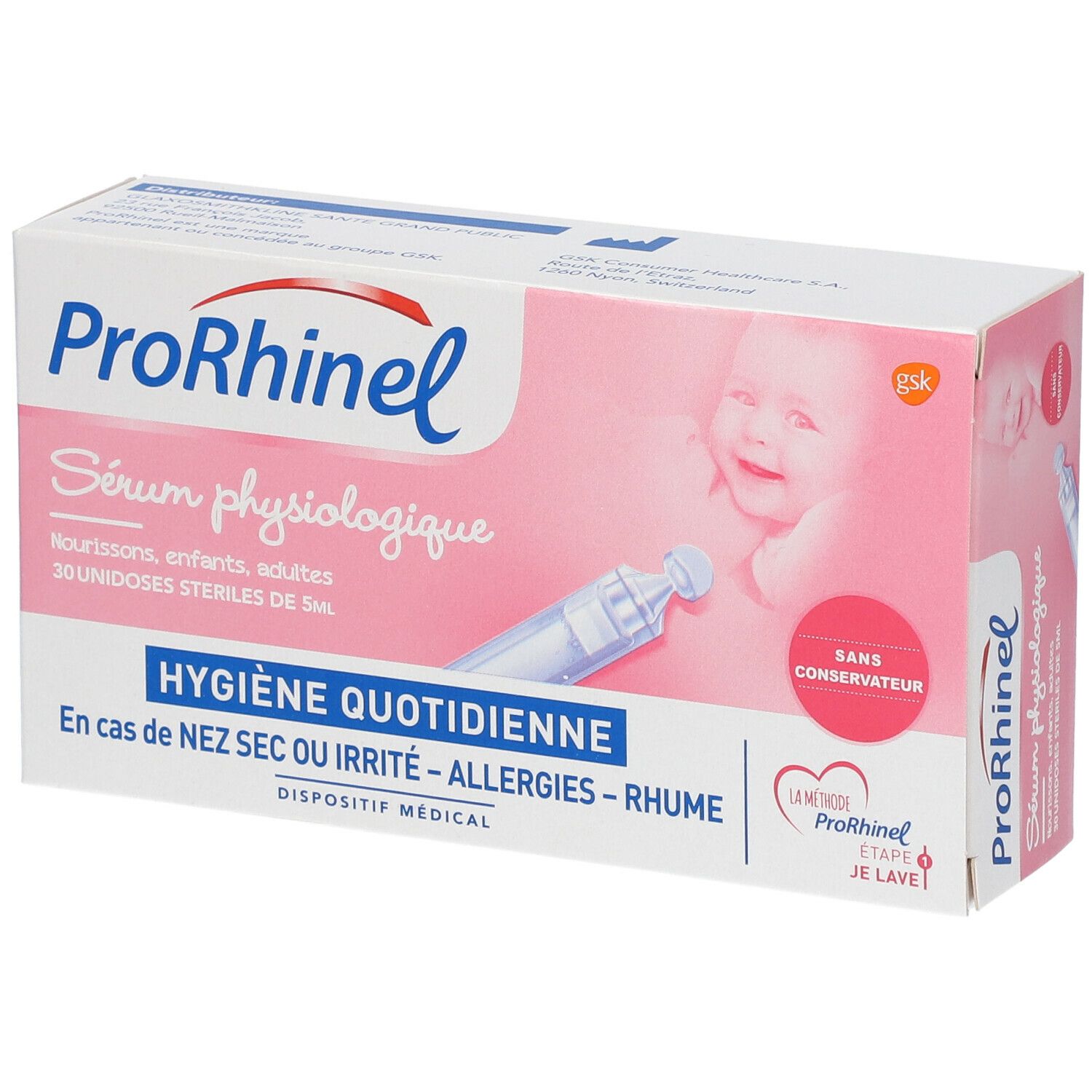 Boîte ProRhinel. Rose et blanche, avec nom du produit et illustration de bébé. Contient 30 unidoses stériles.