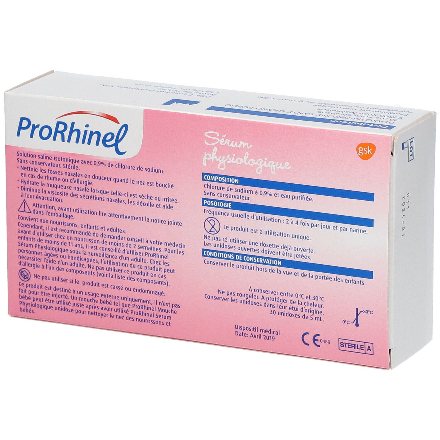 Dos de la boîte ProRhinel. Informations sur les ingrédients, l'utilisation et les précautions. Marquage CE.