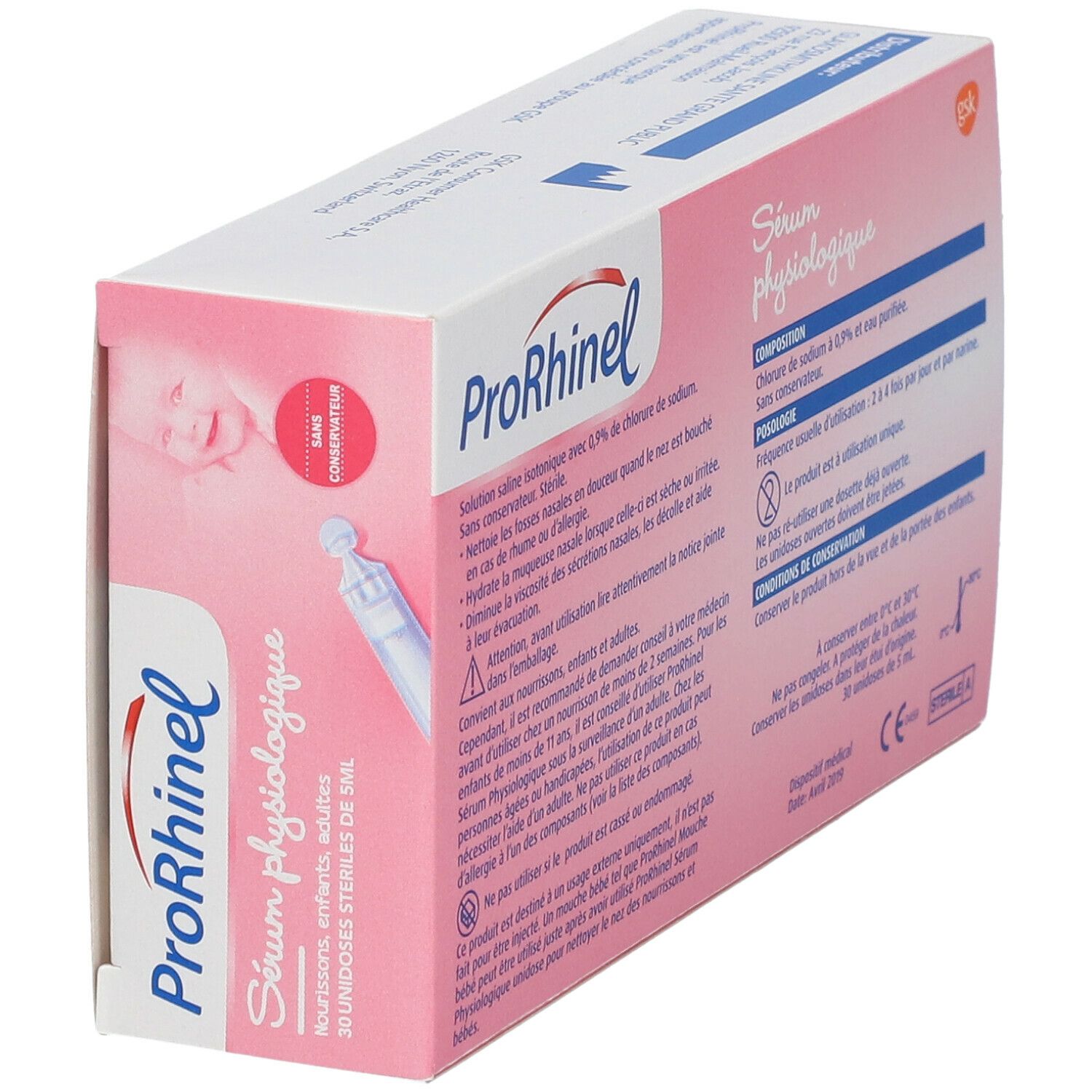 Boîte ProRhinel en biais. Rose et blanche, avec nom du produit et illustration de bébé. Contient 30 unidoses stériles.