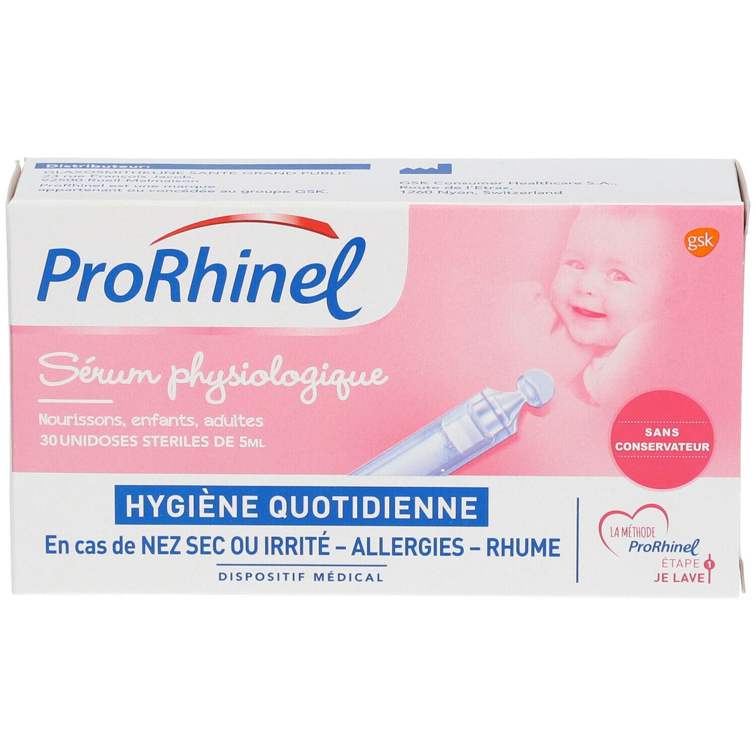 Boîte ProRhinel. Rose et blanche, avec nom du produit et illustration de bébé. Contient 30 unidoses stériles.