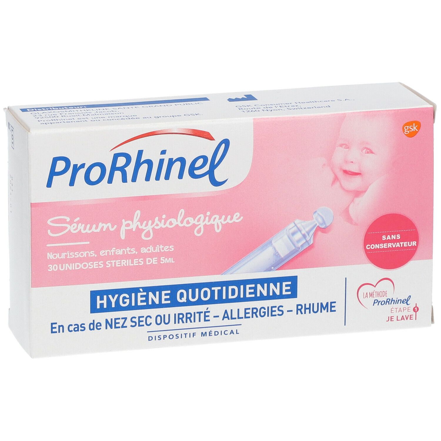 Boîte ProRhinel. Rose et blanche, avec nom du produit et illustration de bébé. Contient 30 unidoses stériles.