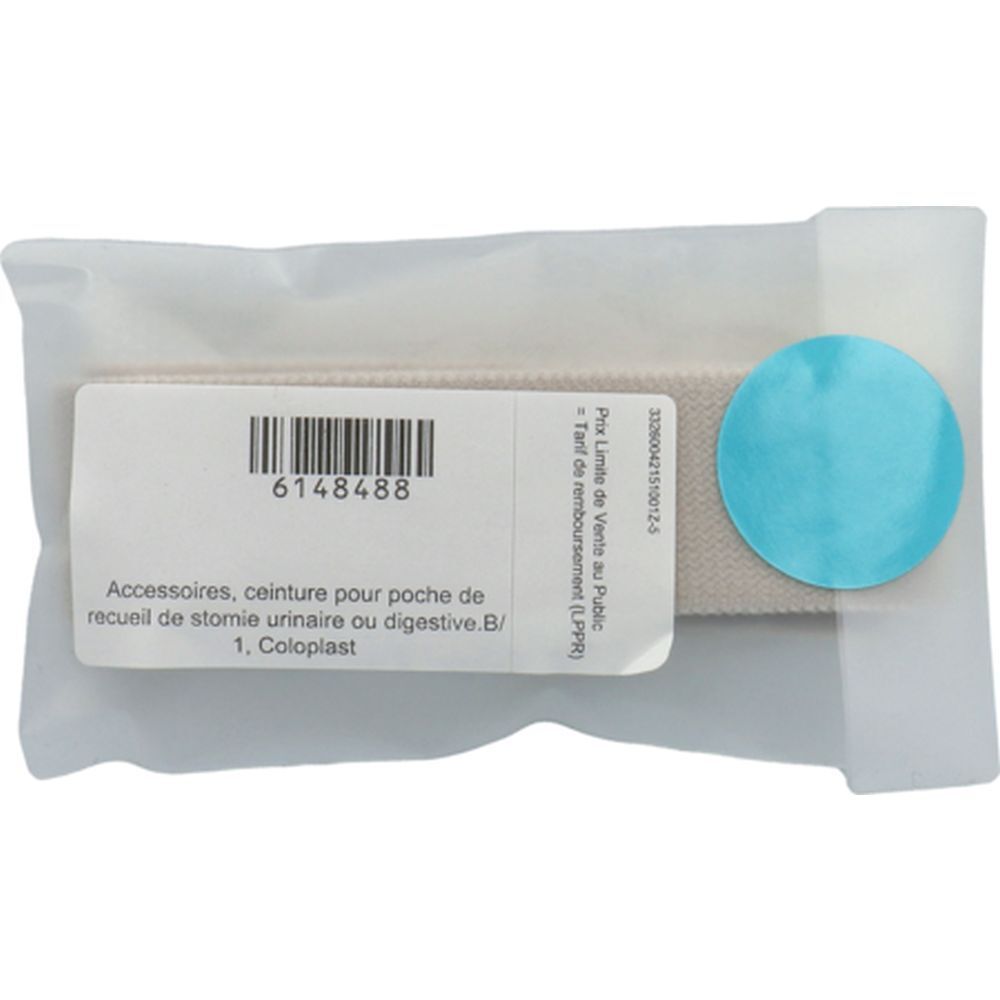 Ceinture de fixation pour poche de stomie emballée. Comprend un cercle bleu et une étiquette rectangulaire avec texte et code-barres.