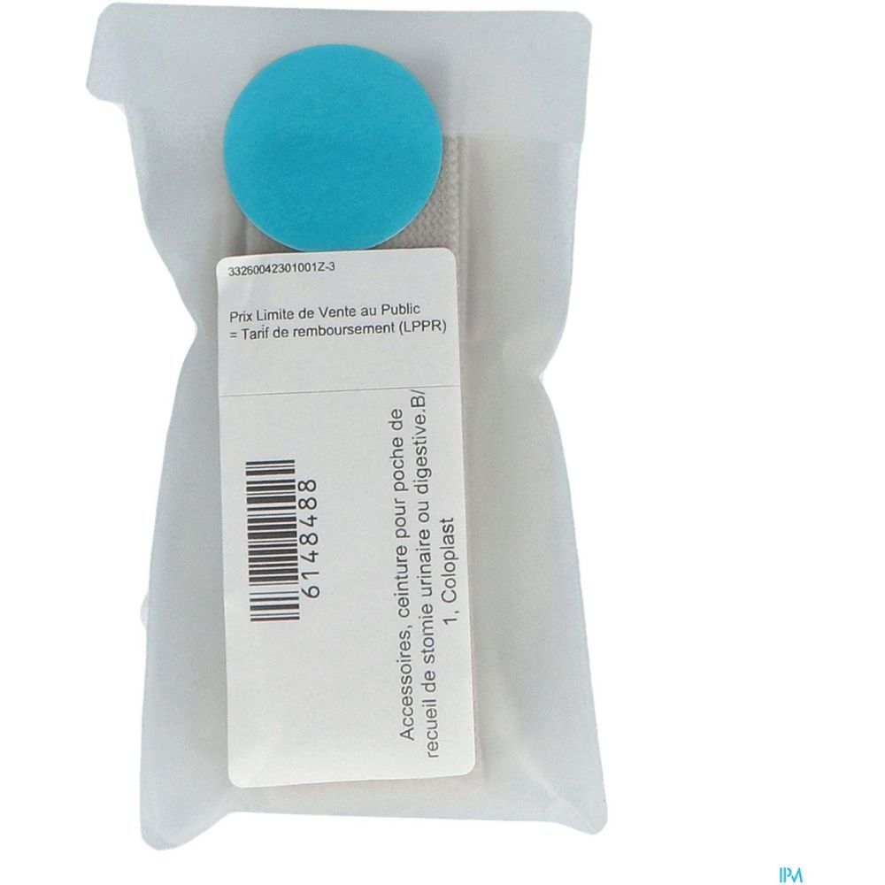 Ceinture de fixation pour poche de stomie emballée. Comprend un cercle bleu et une étiquette rectangulaire avec texte et code-barres.