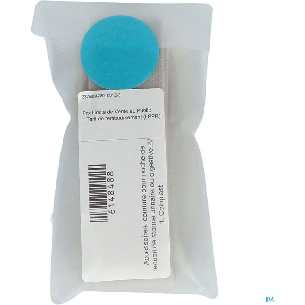 Ceinture de fixation pour poche de stomie emballée. Comprend un cercle bleu et une étiquette rectangulaire avec texte et code-barres.