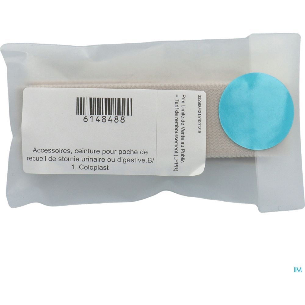 Ceinture de fixation pour poche de stomie emballée. Comprend un cercle bleu et une étiquette rectangulaire avec texte et code-barres.
