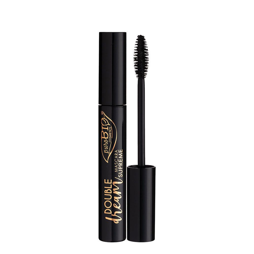 Zwarte mascara-tube met borstel. Opschrift: Double Dream, Mascara Supreme, puroBIO cosmetics.