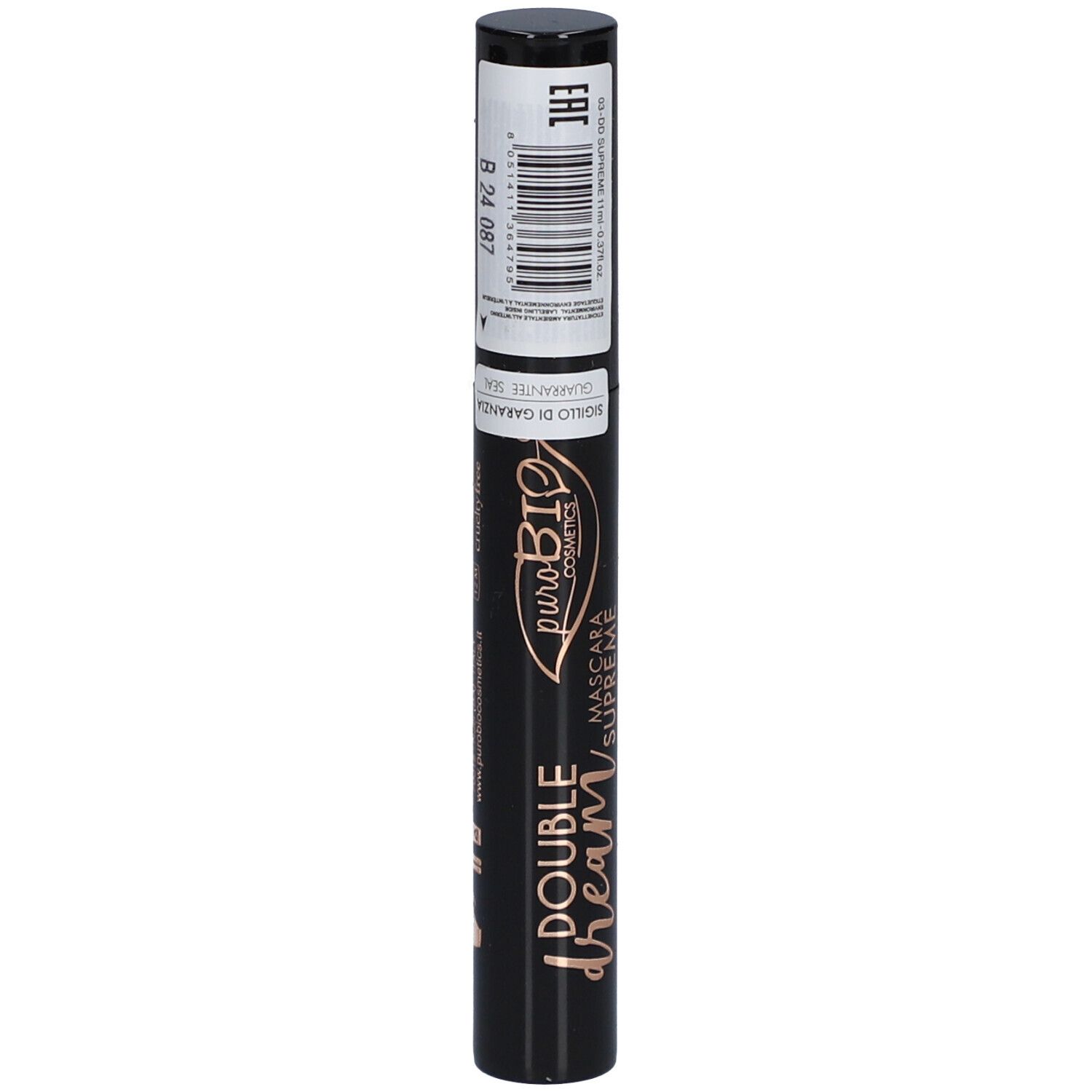Zwarte mascara-tube met etiket. Opschrift: Double Dream, Mascara Supreme, puroBIO cosmetics. Barcode.