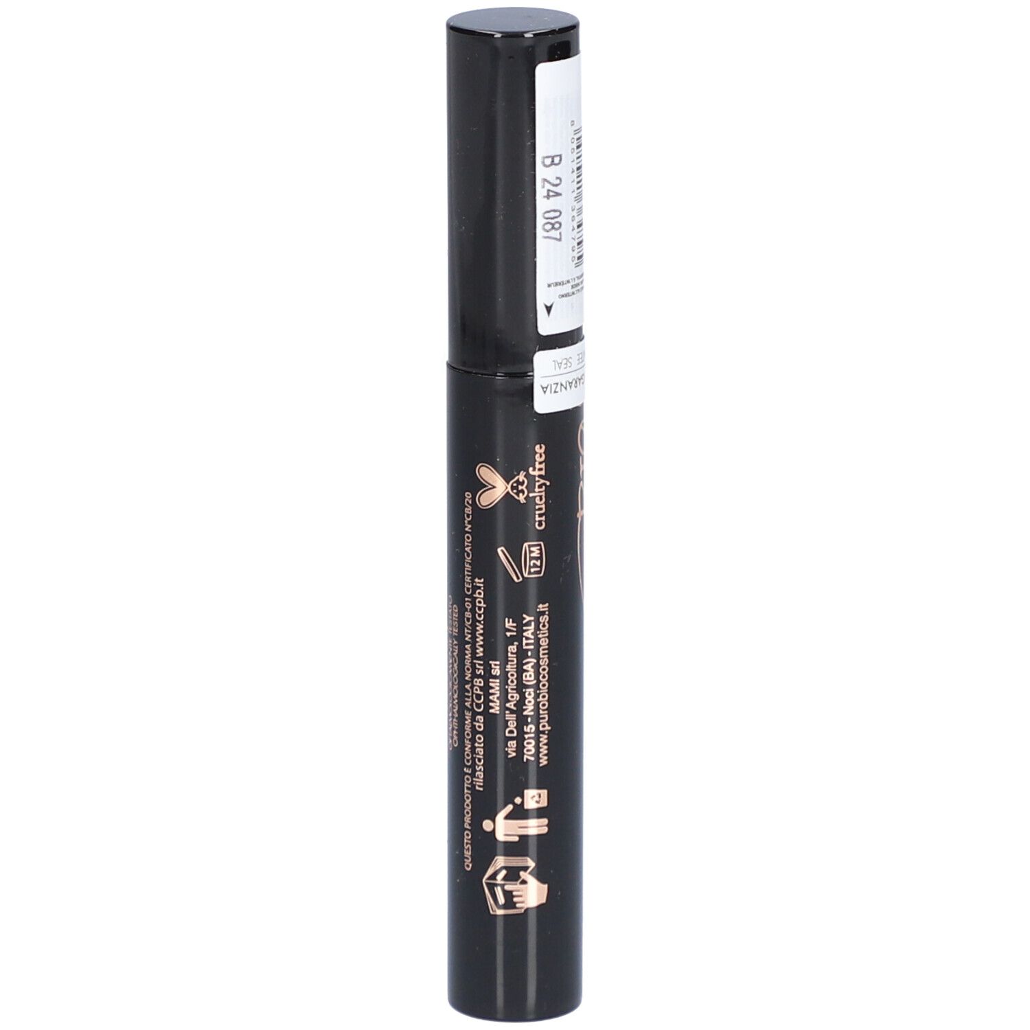 Zwarte mascara-tube met etiket. Opschrift: Double Dream, Mascara Supreme, puroBIO cosmetics. Cruelty Free.