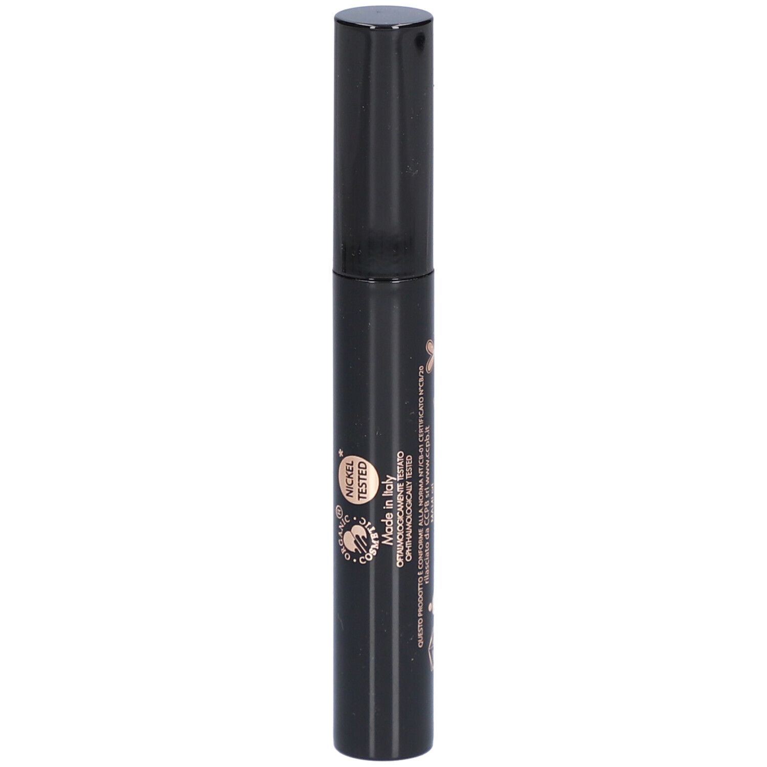 Zwarte mascara-tube met etiket. Opschrift: Double Dream, Mascara Supreme, puroBIO cosmetics. Nickel Tested.