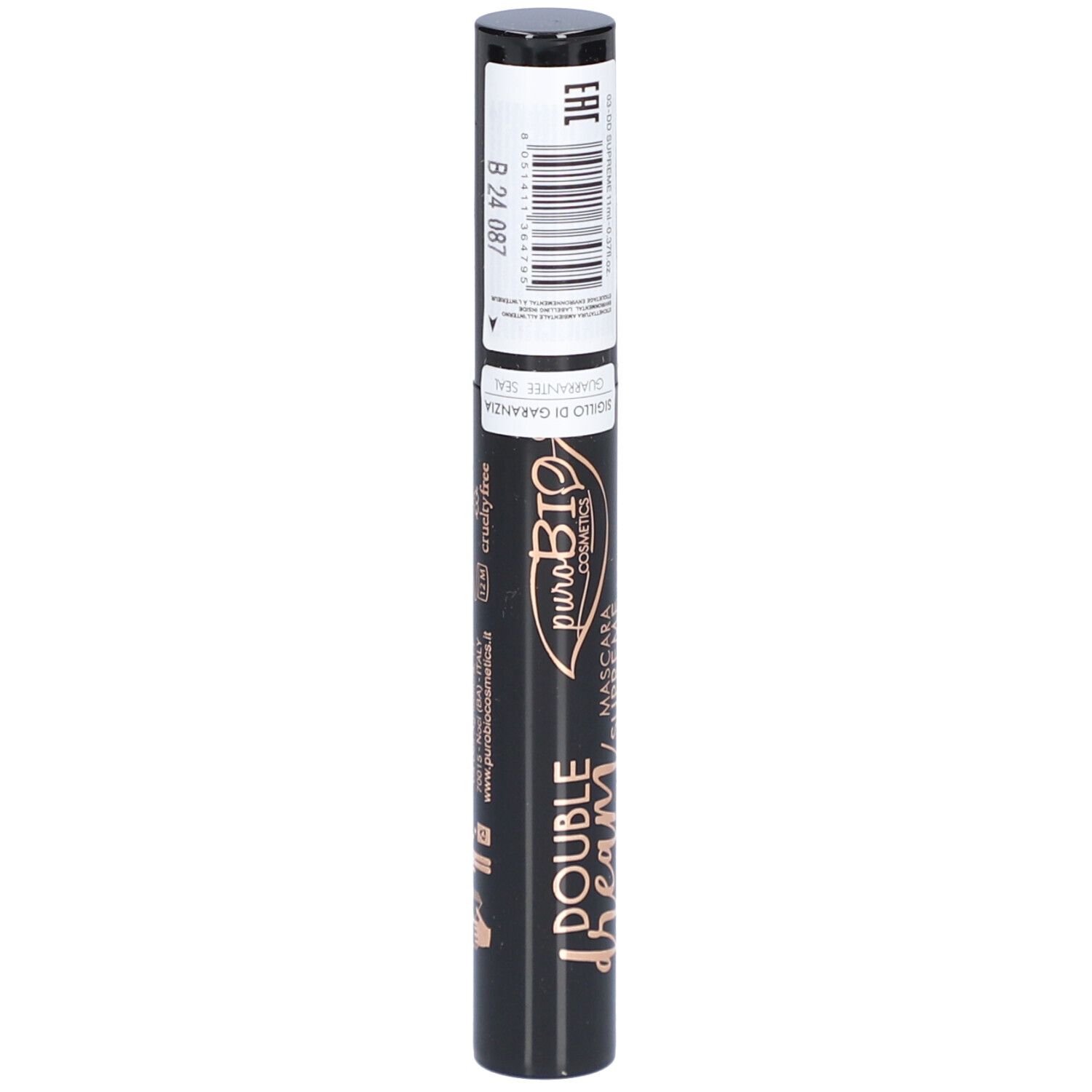 Zwarte mascara-tube met etiket. Opschrift: Double Dream, Mascara Supreme, puroBIO cosmetics. Barcode.