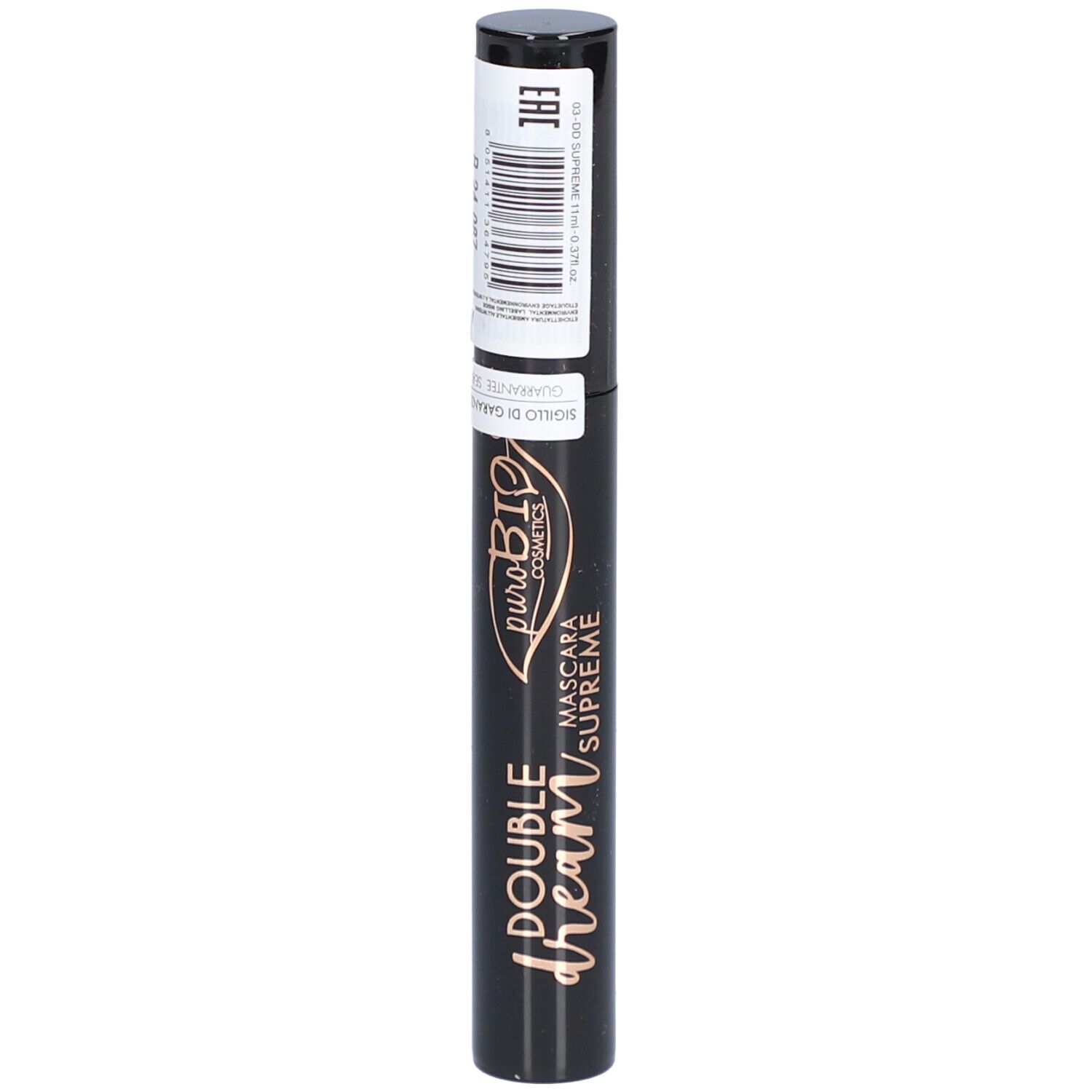 Zwarte mascara-tube met etiket. Opschrift: Double Dream, Mascara Supreme, puroBIO cosmetics. Barcode.