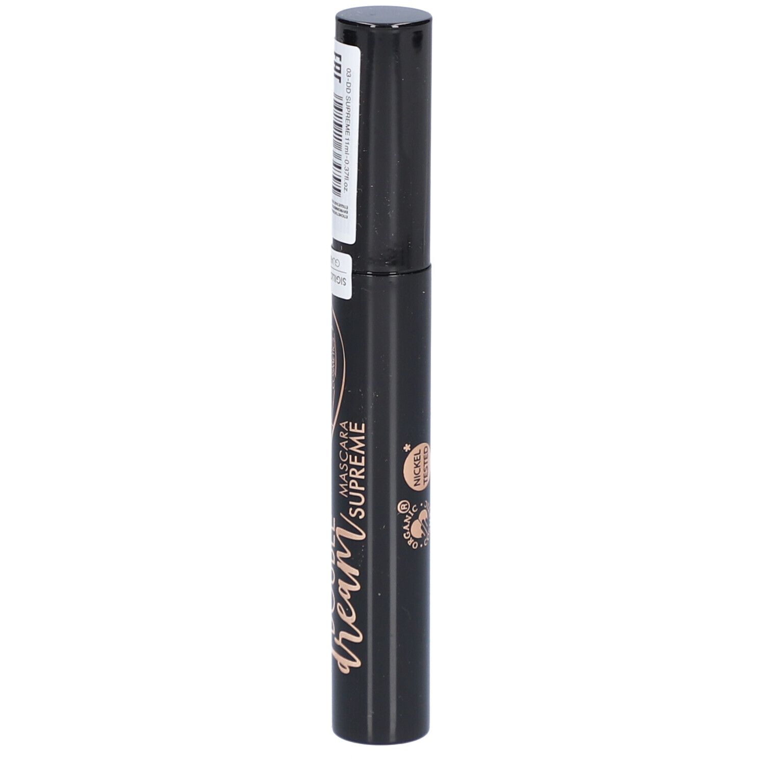 Zwarte mascara-tube met etiket. Opschrift: Double Dream, Mascara Supreme, puroBIO cosmetics. Nickel Tested.