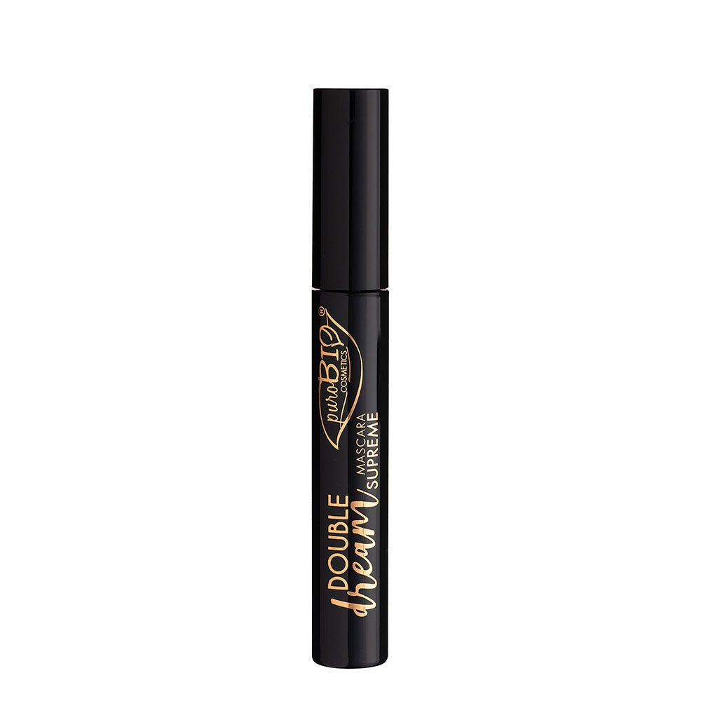 Zwarte mascara-tube. Opschrift: Double Dream, Mascara Supreme, puroBIO cosmetics.