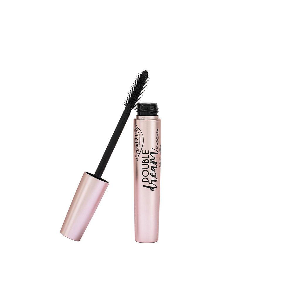 Mascara met borstel. Roze-gouden huls, zwarte borstel. Productnaam: Double Dream Mascara.