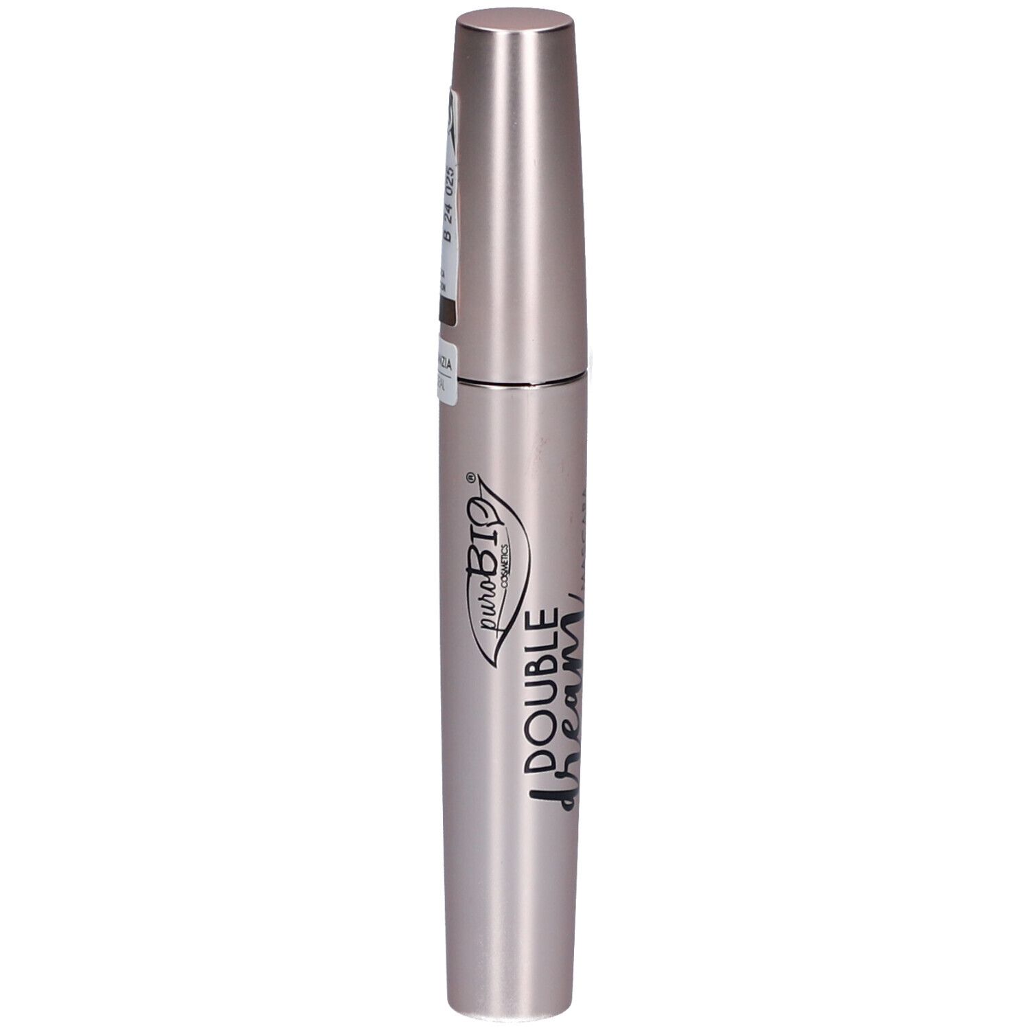 Mascara tube, roze-goudkleurig. Productnaam: Double Dream Mascara. Merk: Purobio.