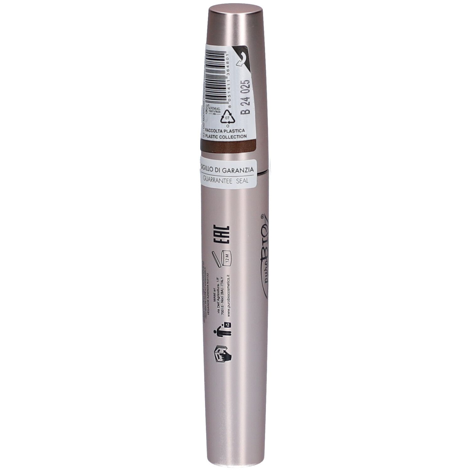Mascara tube, roze-goudkleurig. Productnaam: Double Dream Mascara. Merk: Purobio.