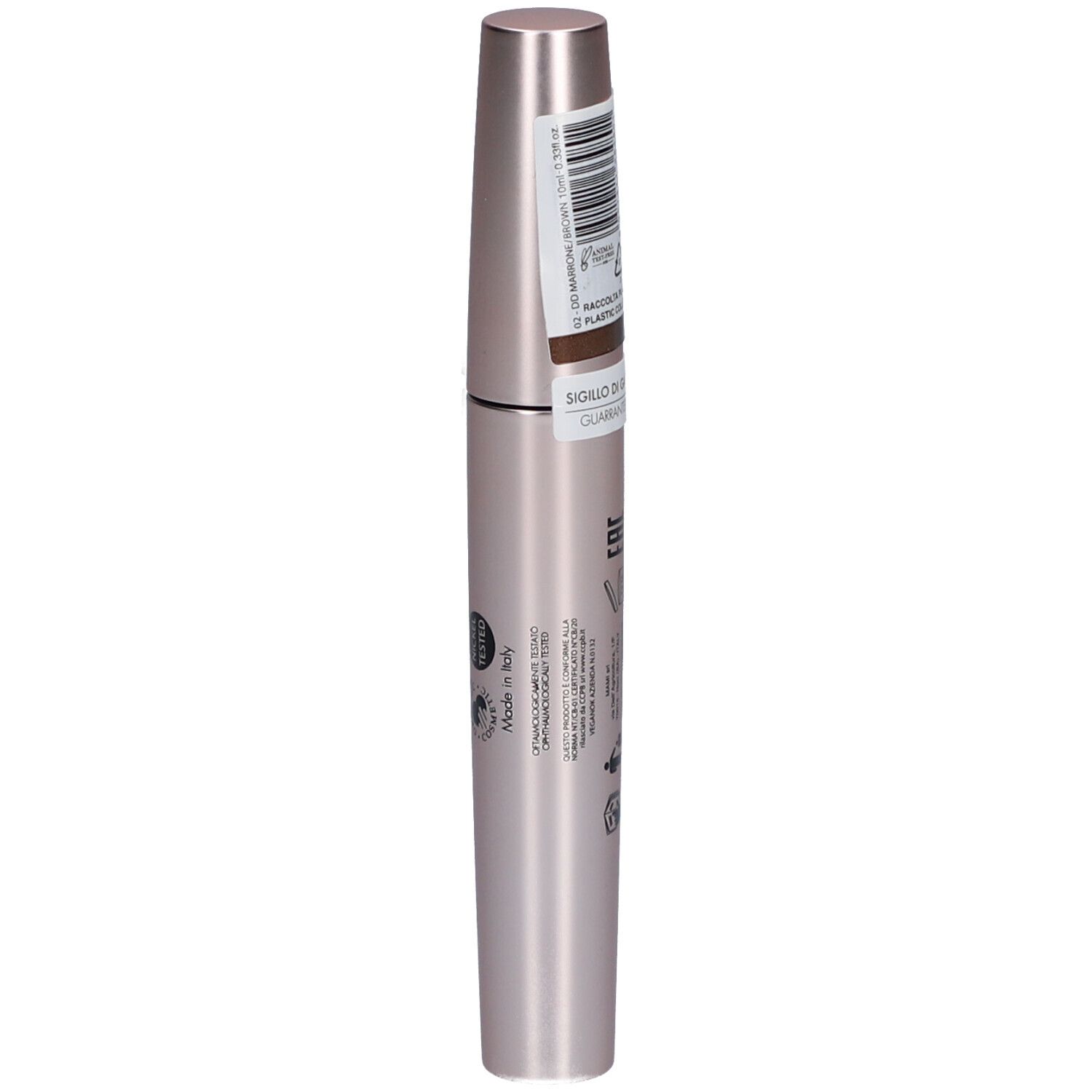 Mascara tube, roze-goudkleurig. Productnaam: Double Dream Mascara. Merk: Purobio.