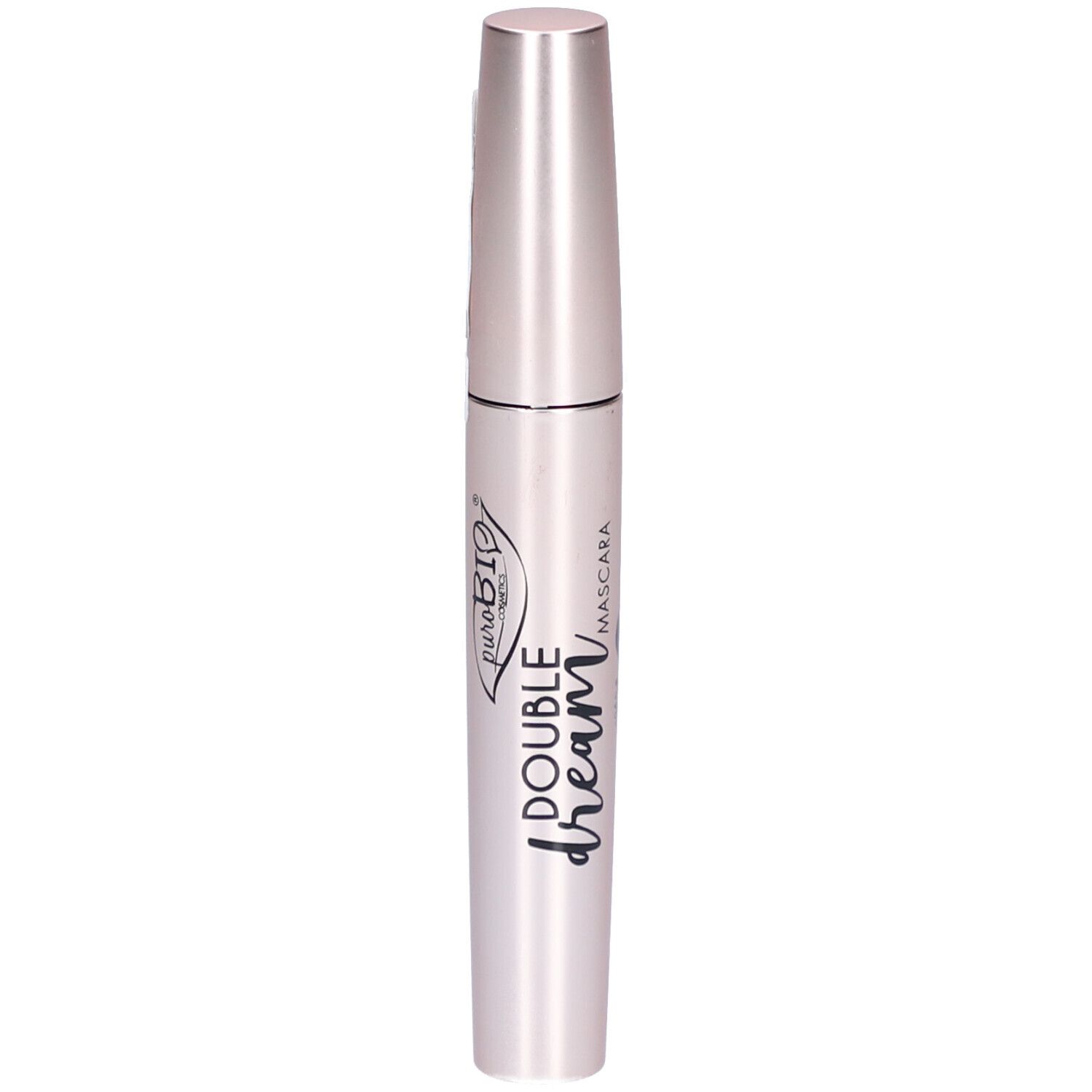 Mascara tube, roze-goudkleurig. Productnaam: Double Dream Mascara. Merk: Purobio.