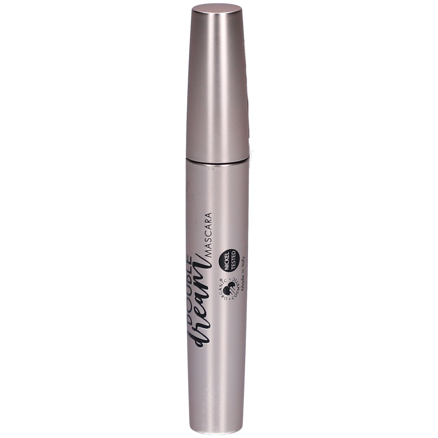 Mascara tube, roze-goudkleurig. Productnaam: Double Dream Mascara. Merk: Purobio.